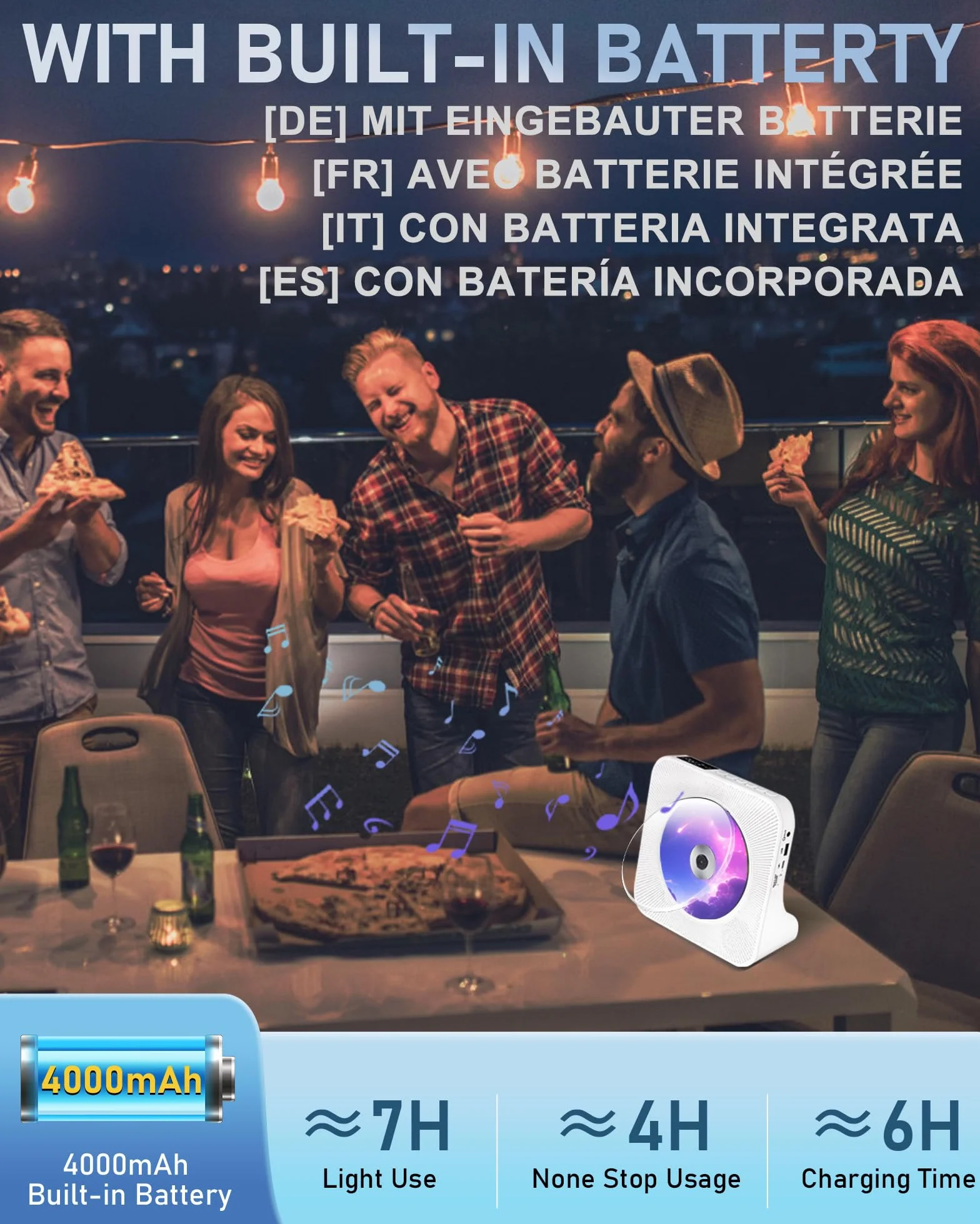 Lettore CD Portatile Ricaricabile 4000 mAh Bluetooth Doppio Altoparlante HIFI Bianco
