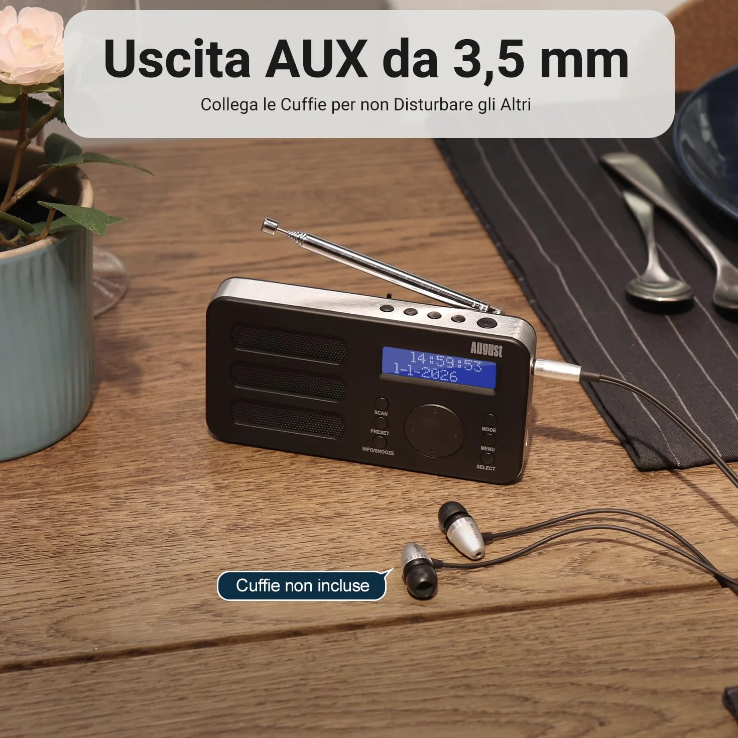 August MB225 Radio Portatile DAB DAB+ FM, Radio Digitale a Batteria con Dual Radiosveglia, Radiolina Portatile Ricaricabile con 40 Preselezioni, RDS, 20 Ore, Stereo/Mono, Presa per Cuffie - Nero