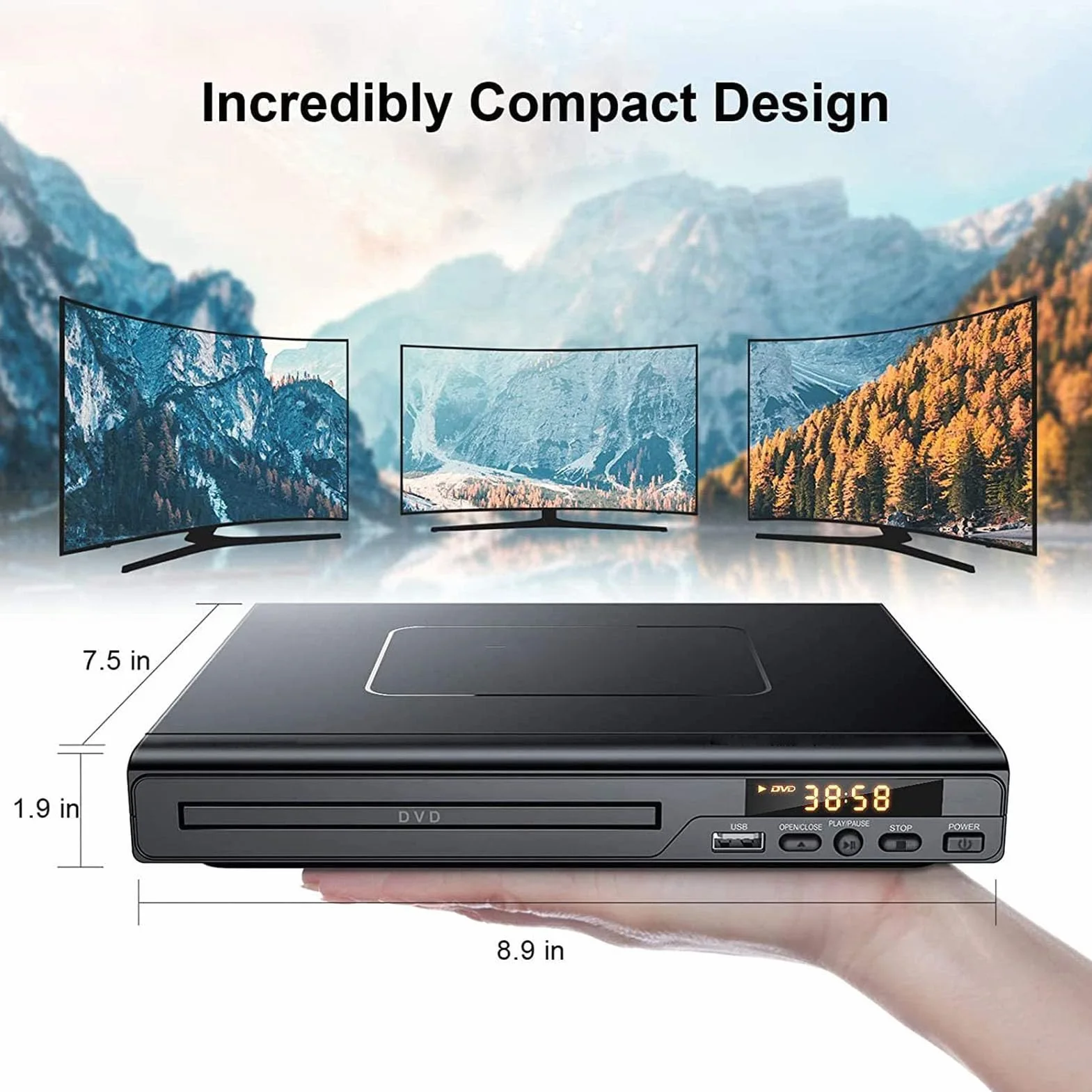 Asixxsix Mini lettore DVD, compatibile con DVD R RW JPEG CD R CD RW, scansione progressiva 720P Up Conversion, multilingua USB 2.0, con telecomando e (Spina europea)