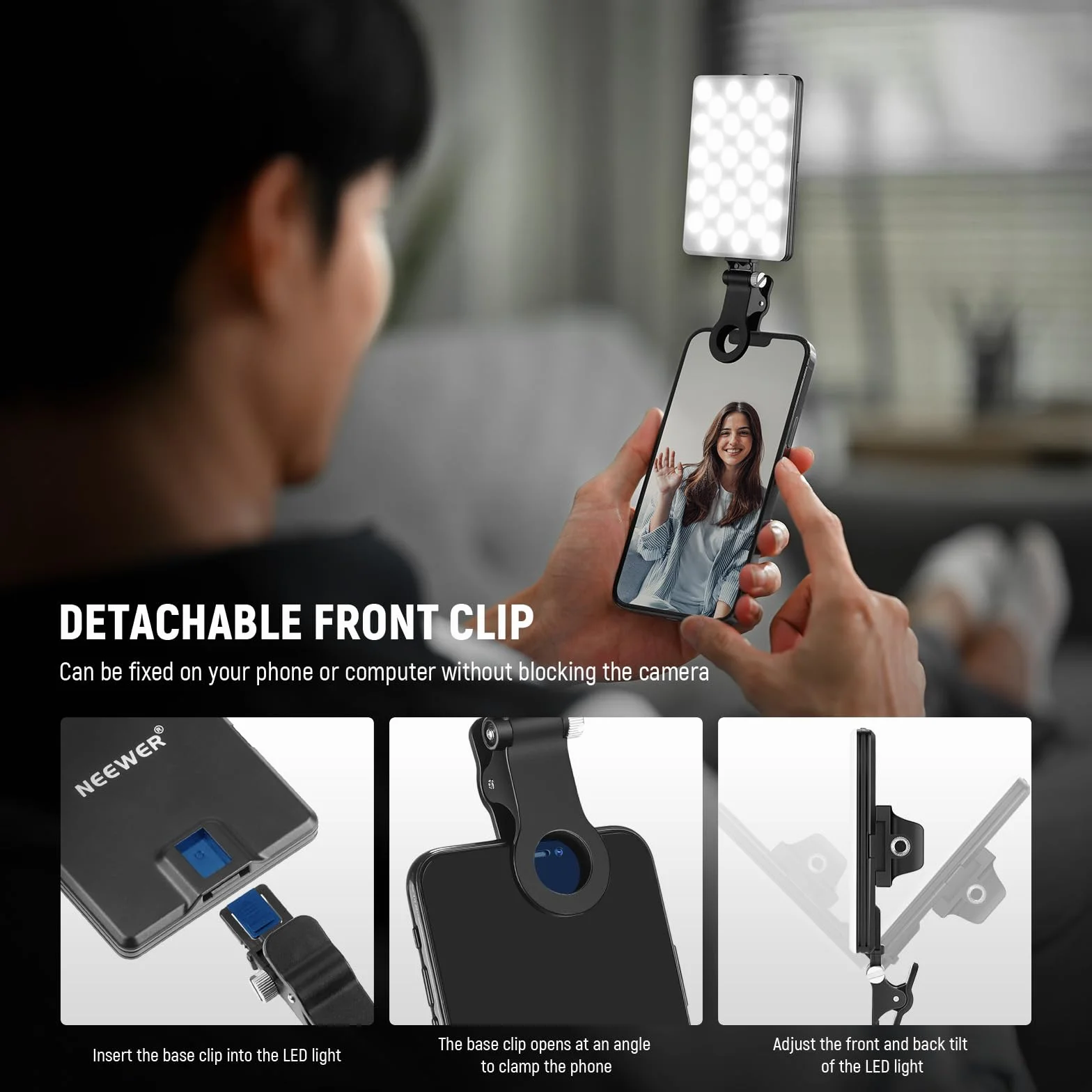 NEEWER LED Luce Selfie con Clips per Telefono, Luce Portatile per Foto Cellulare/Zoom Conferenza da Laptop, 60 LED Alta Potenza 2000mAh Ricaricabile CRI 95+, 3 Modalità di Luce, Luce Video per TikTok
