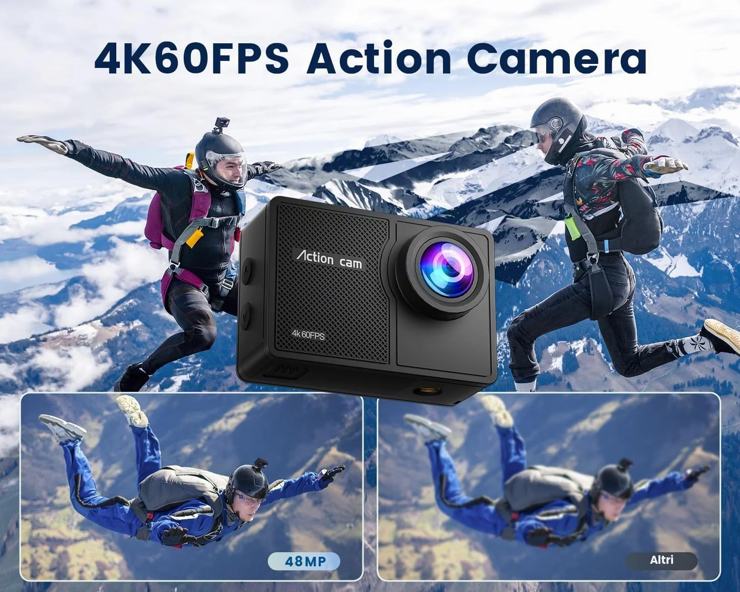 Action Cam 4K60FPS con Scheda Da 128GB, 131FT Fotocamera Subacquea con 8X Zoom,48MP HD WIFI Videocamera 170° Telecamera EIS,Telecomando 2x1350mAh Batterie