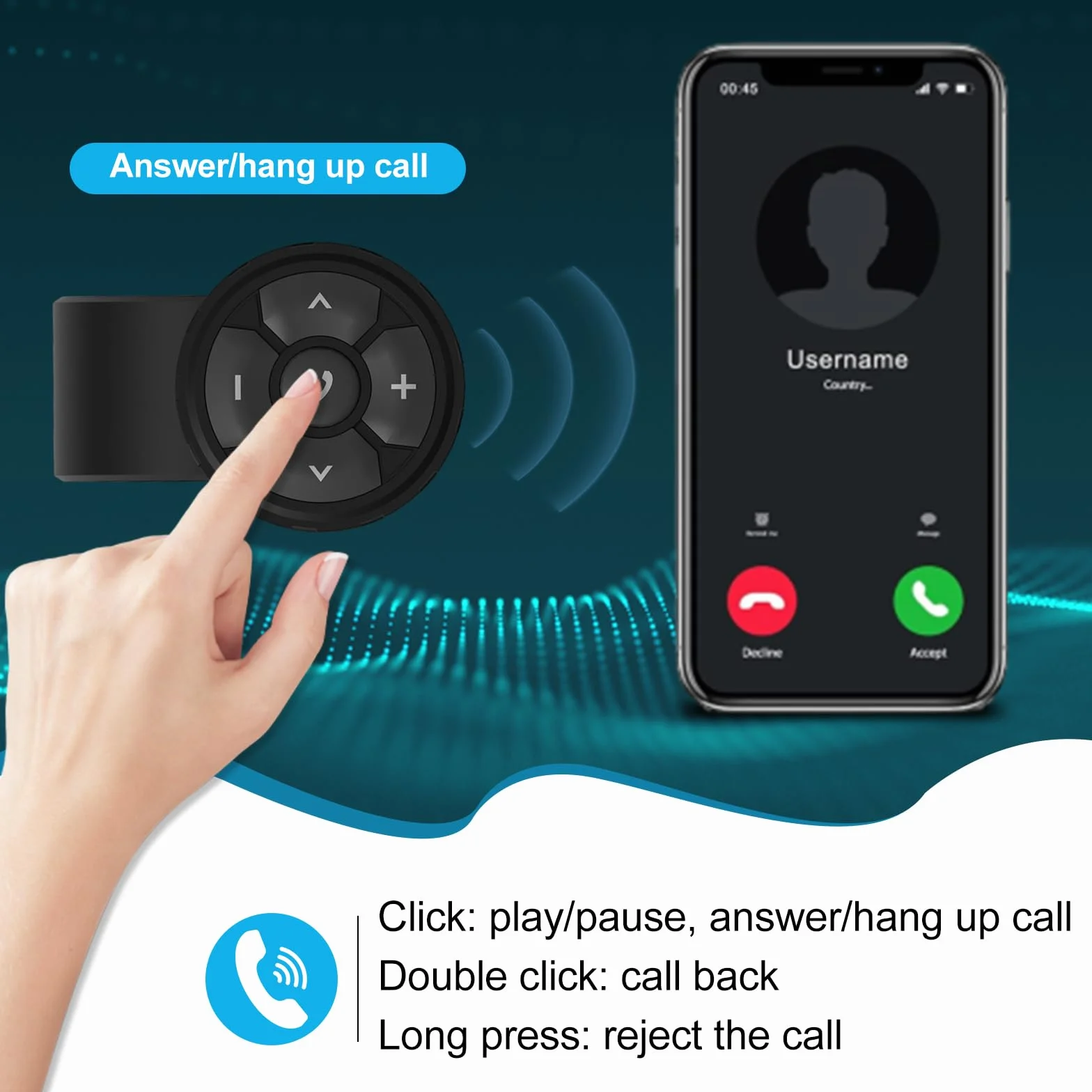 VOBOR Auto Moto Telecomando Multimediale Bluetooth, IP67 Impermeabile Wireless Bluetooth Telecomando Telefono Kit- con Funzioni Chiamate, Volume, Siri, Fotocamera
