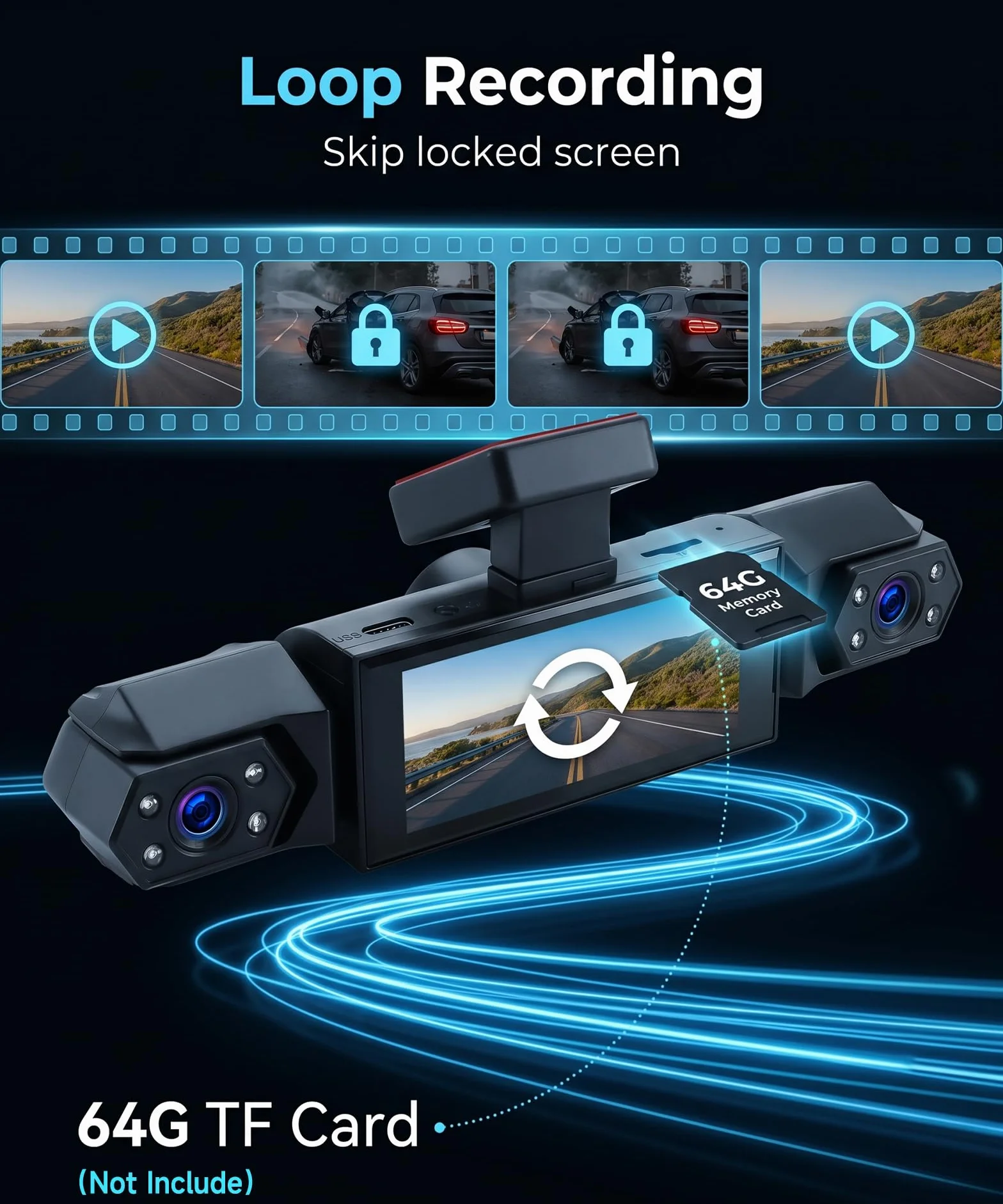 Rimoody 4 Canali 360° Dashcam Auto, 4 Telecamera HD 1080P Anteriore e Posteriore Sinistra Destra, 3.16 Pollici Schermo IPS Dash Cam con Visione Notturna 8 IR/Loop Video/24H Parcheggio Monitor