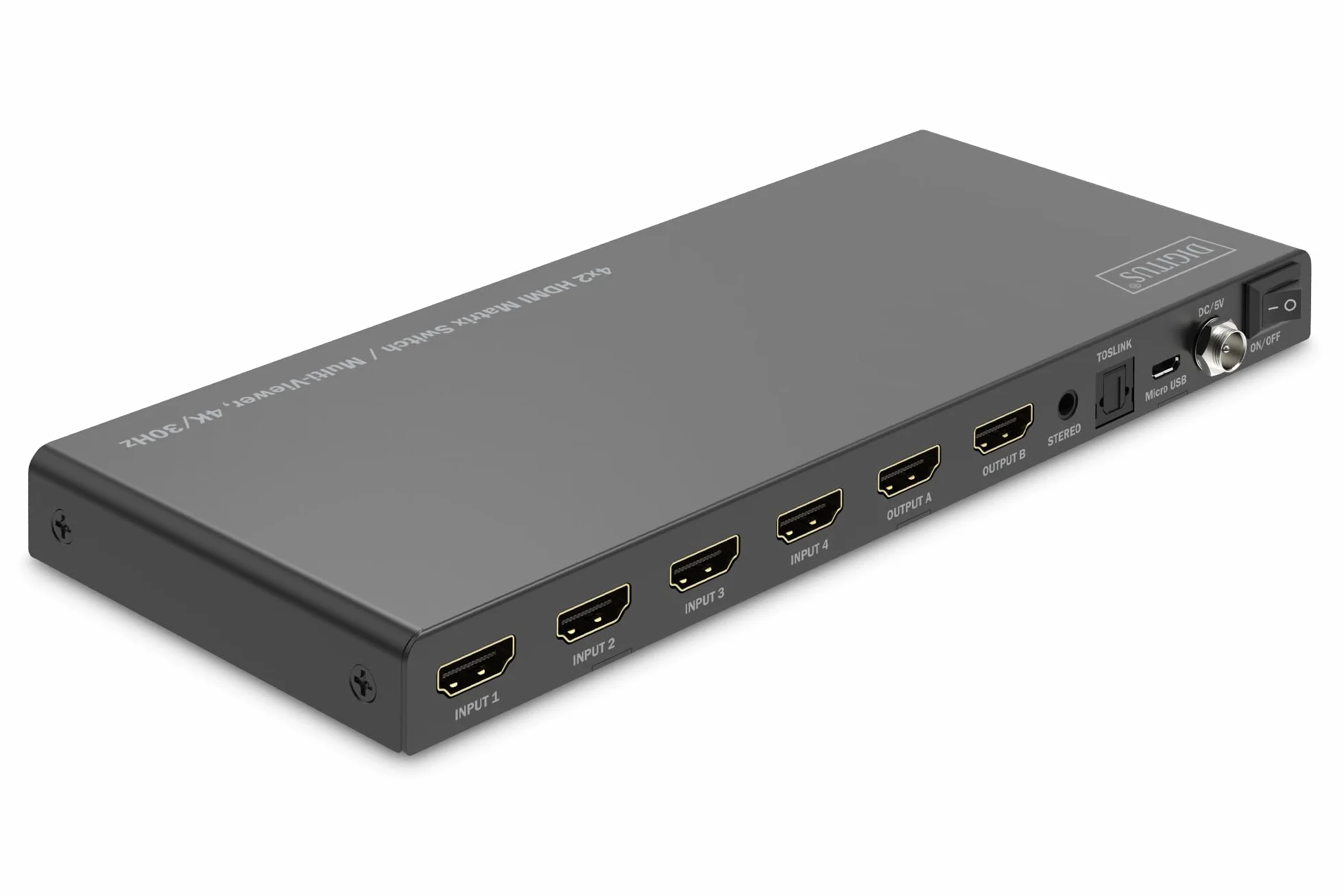 DIGITUS DS-55345 Switch a matrice HDMI 4x2-4 ingressi 2 uscite - UHD 4K/30 Hz HDTV: 3840 x 2160p - HDCP 1.4 e HDMI 1.4b - Multi-Viewer, Split-Screen, PIP - RS232, Audio (Toslink, Stereo 3,5mm)