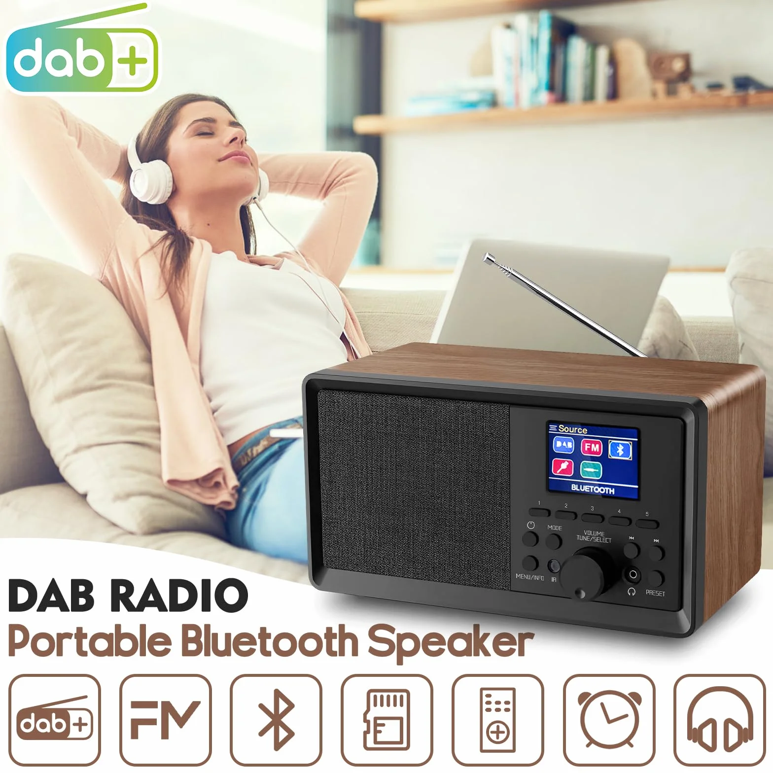 Radio DAB+/FM Bluetooth Telecomando Legno Retrò Cucina Sveglia Doppio Allarme USB AUX