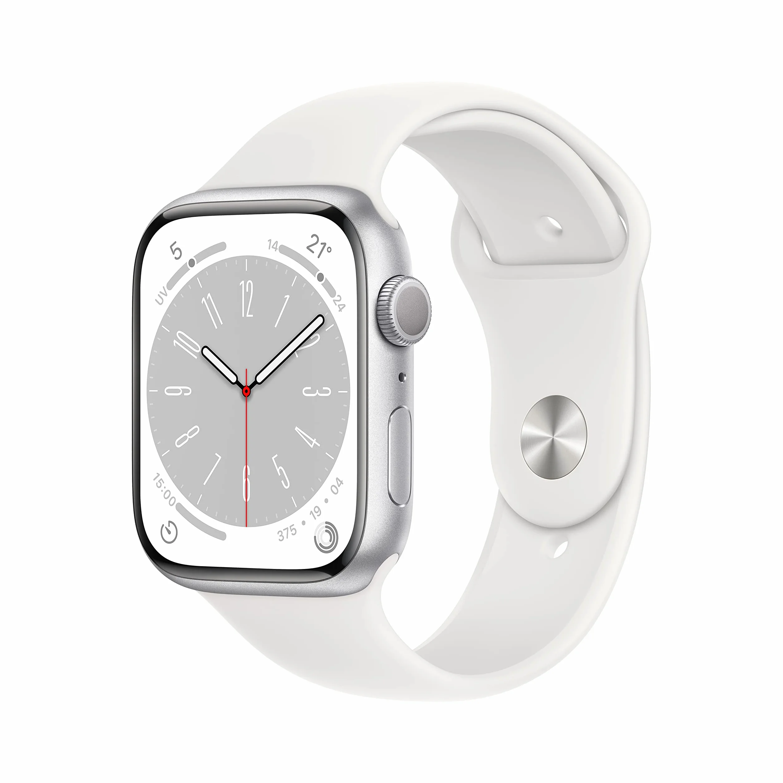 Apple Watch Series 8 (GPS, 45MM) - Cassa in Alluminio Argento con Cinturino Sport Bianco, Regular (Ricondizionato)