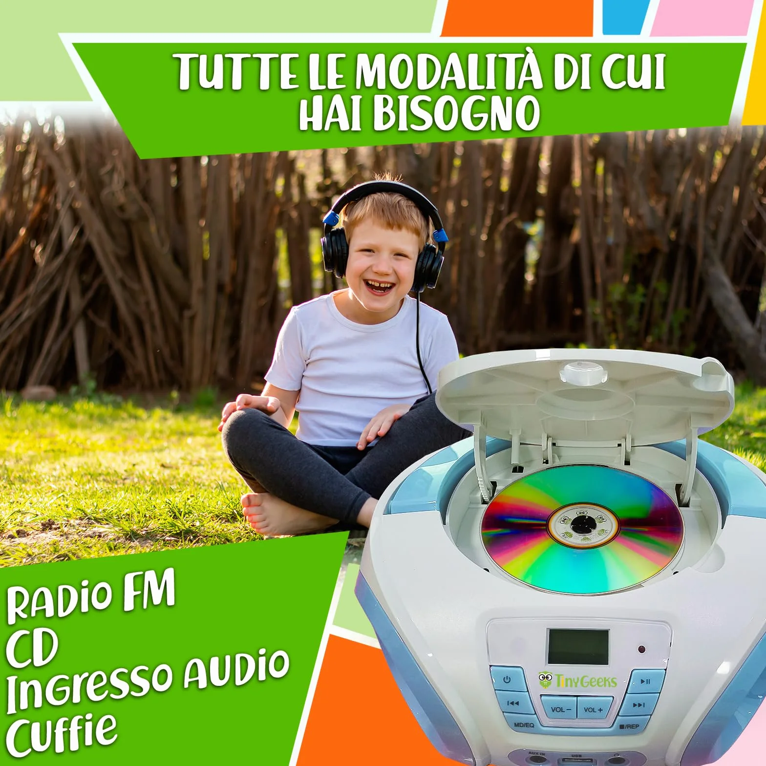 TinyGeeks Tunes CD PLAYER - NUOVO + Radio FM + Batterie incluse + LETTORE CD BAMBINI con altoparlanti + Regalo perfetto per bambini - Bianca