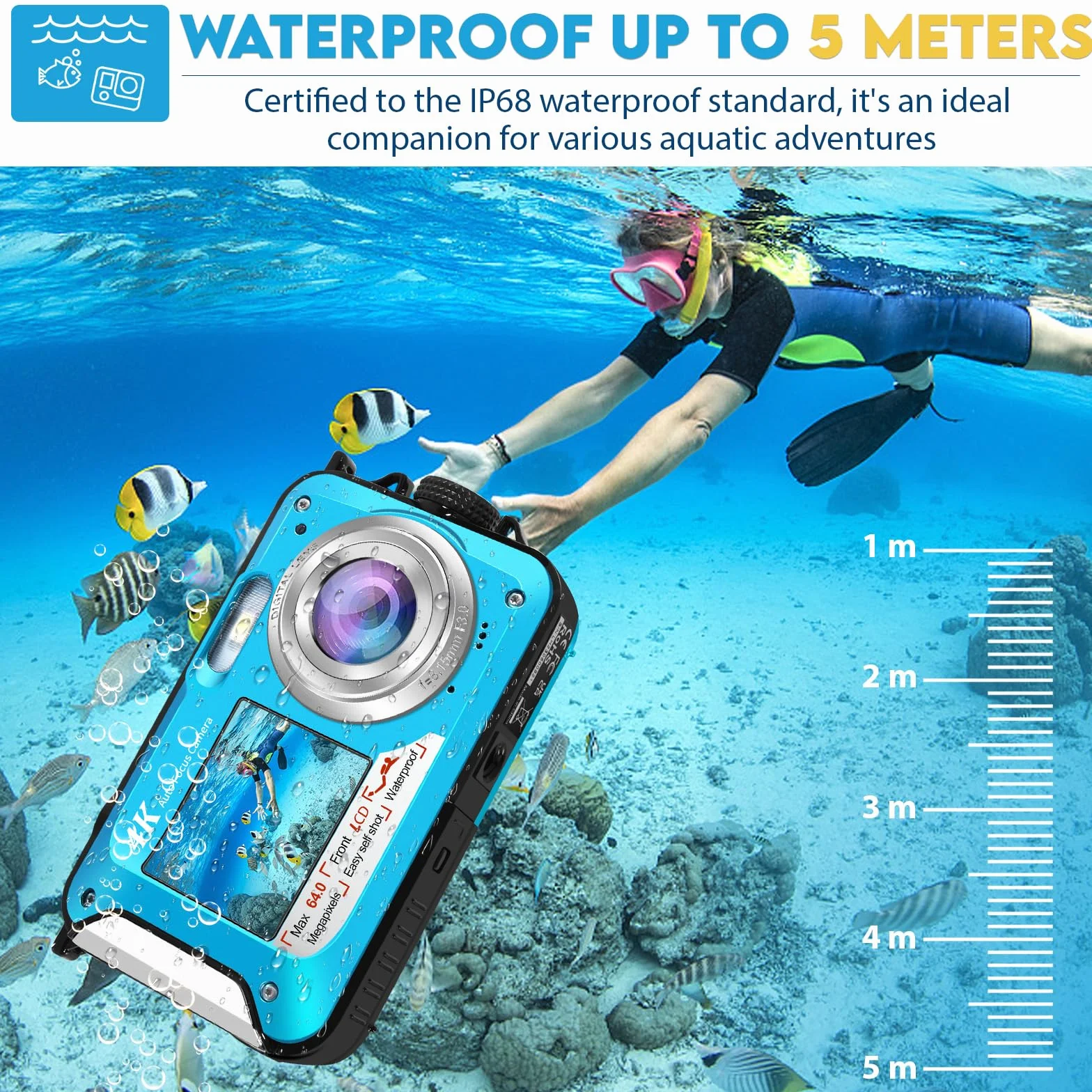 64MP Macchina Fotografica Subacquea Con Scheda Di Memoria Da 32 GB, 4K Fotocamera Subacquea Con Autofocus E Doppio Schermo Selfie HD, 5 Metri Fotocamera Subacquea Digitale (2 Batterie)