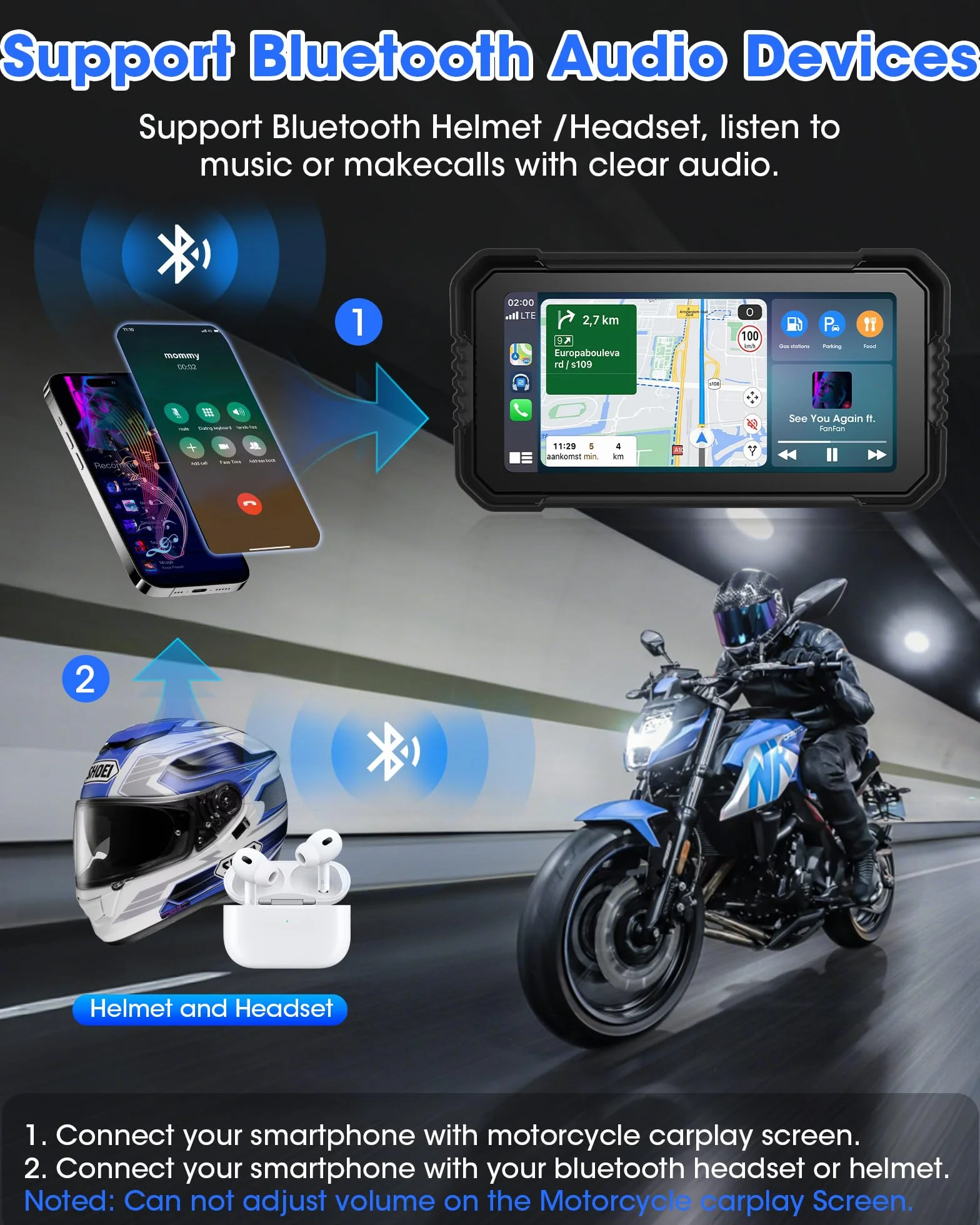 Navigatore Moto con CarPlay Android Auto 4K 6,25 Pollici WiFi GPS 64GB