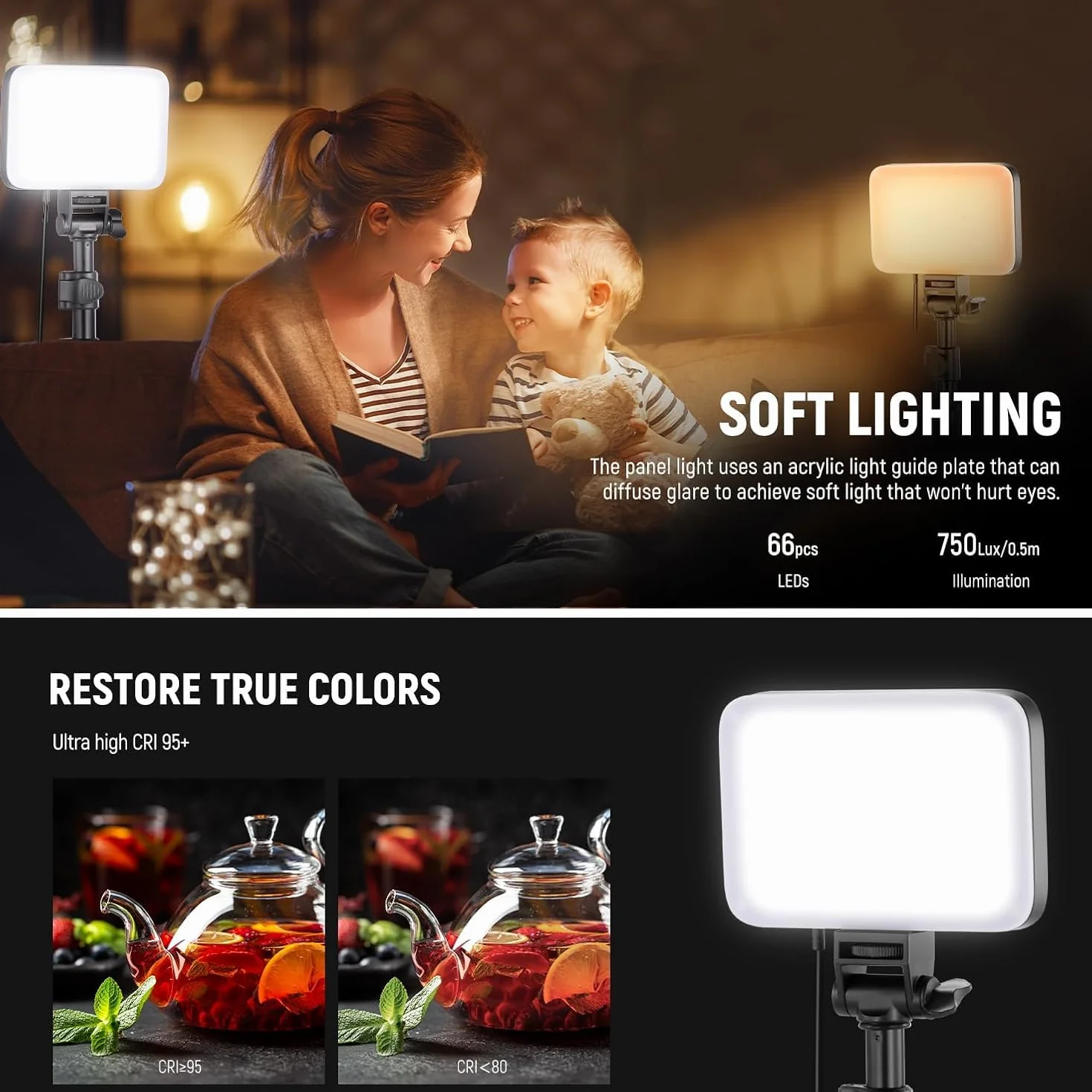 NEEWER Basic Kit di Illuminazione a Pannello Luce Foto LED, 2pz Luci da Studio Portatili Dimmerabili Bicolore con Stativi e Filtri, 3200K~5600K CRI95 750lux per Fotografia Video Streaming Live, BP66
