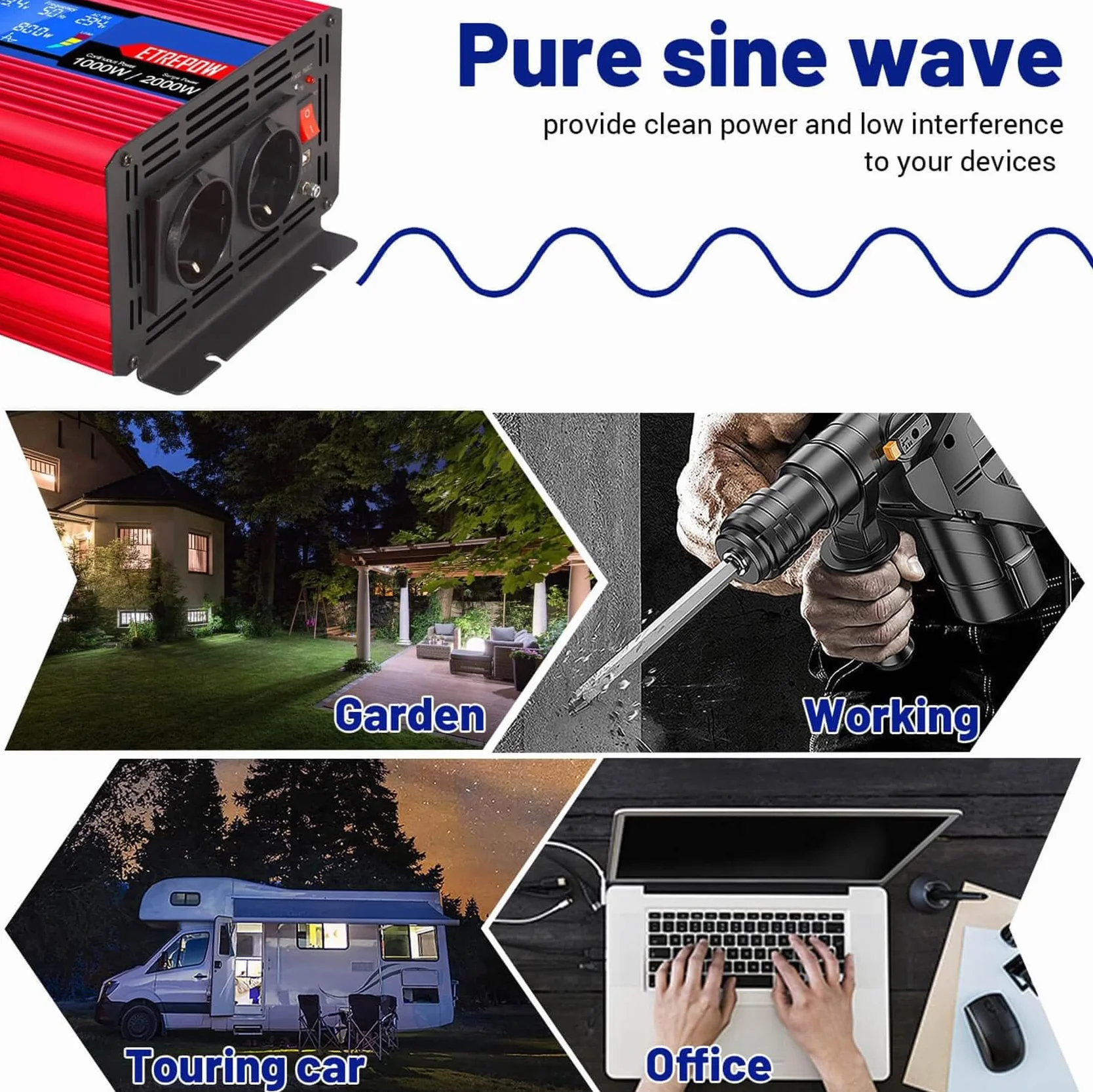 1000W Inverter 12V 220V Onda Sinusoidale Pura Trasformatore Con 2 Prese EU e USB, Telecomando Senza Fili,Display LCD,Picco 2000W