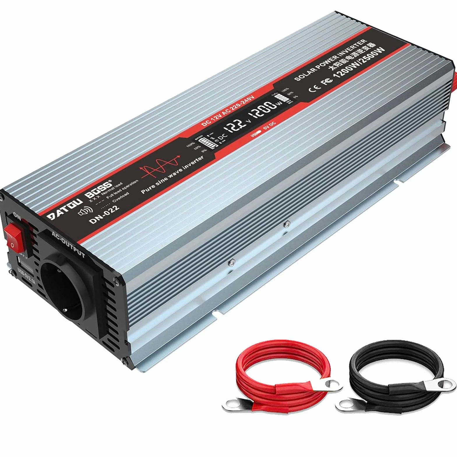 DATOUBOSS Inverter 12V 220V/230V Onda Sinusoidale Pura 1200W/2500W Convertitore di Tensione con Prese EU, Porte USB e Display LED per Auto, Camion, Roulotte, Elettrodomestici, Grigio