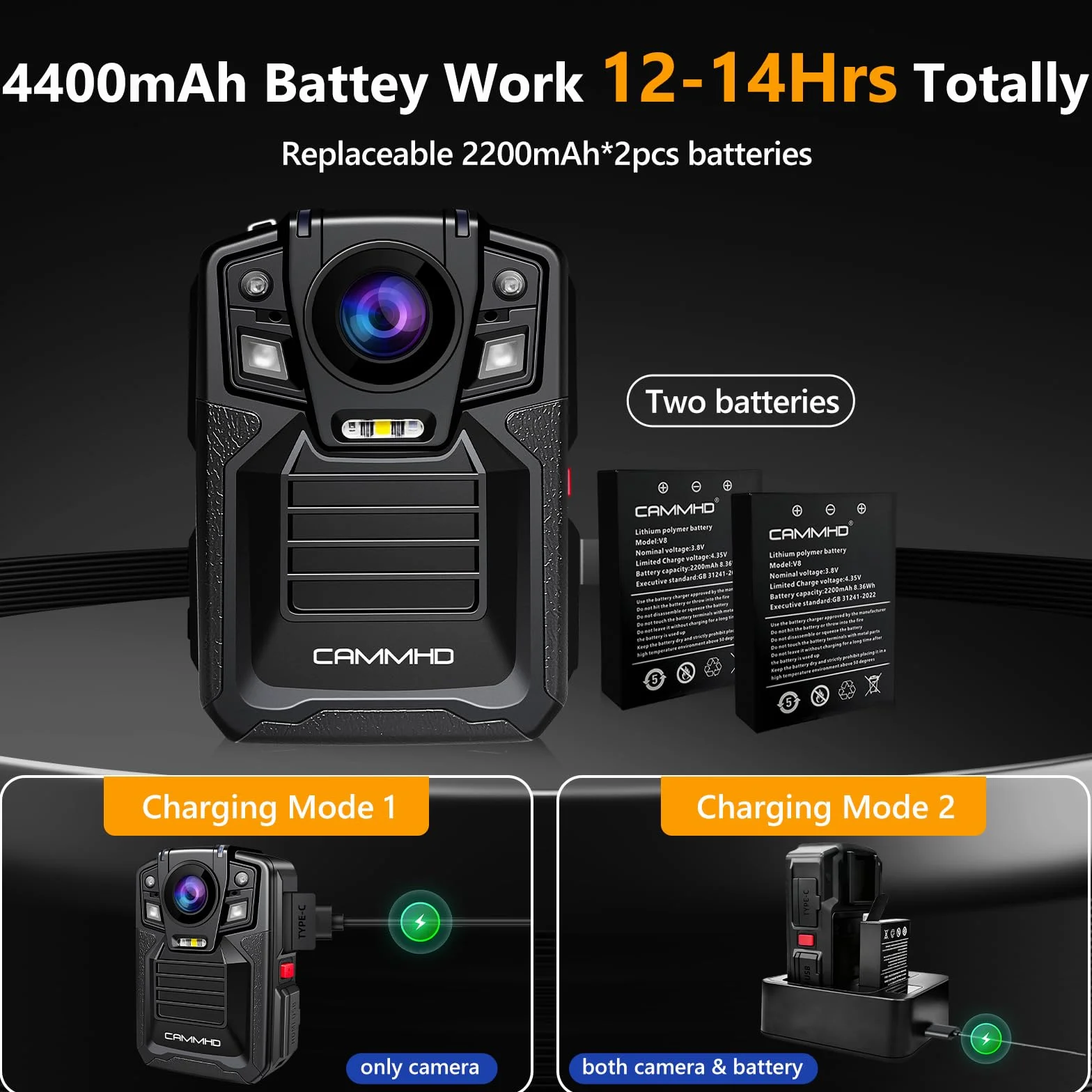 CAMMHD V8 Pro 256G 4K Body Cam Due Batterie 4400mAh 14 Ore Codifica Video H.265 2160P Bodycam Polizia Professionale UHD Visione Notturna Body Camera con Base di Ricarica per la Sicurezza