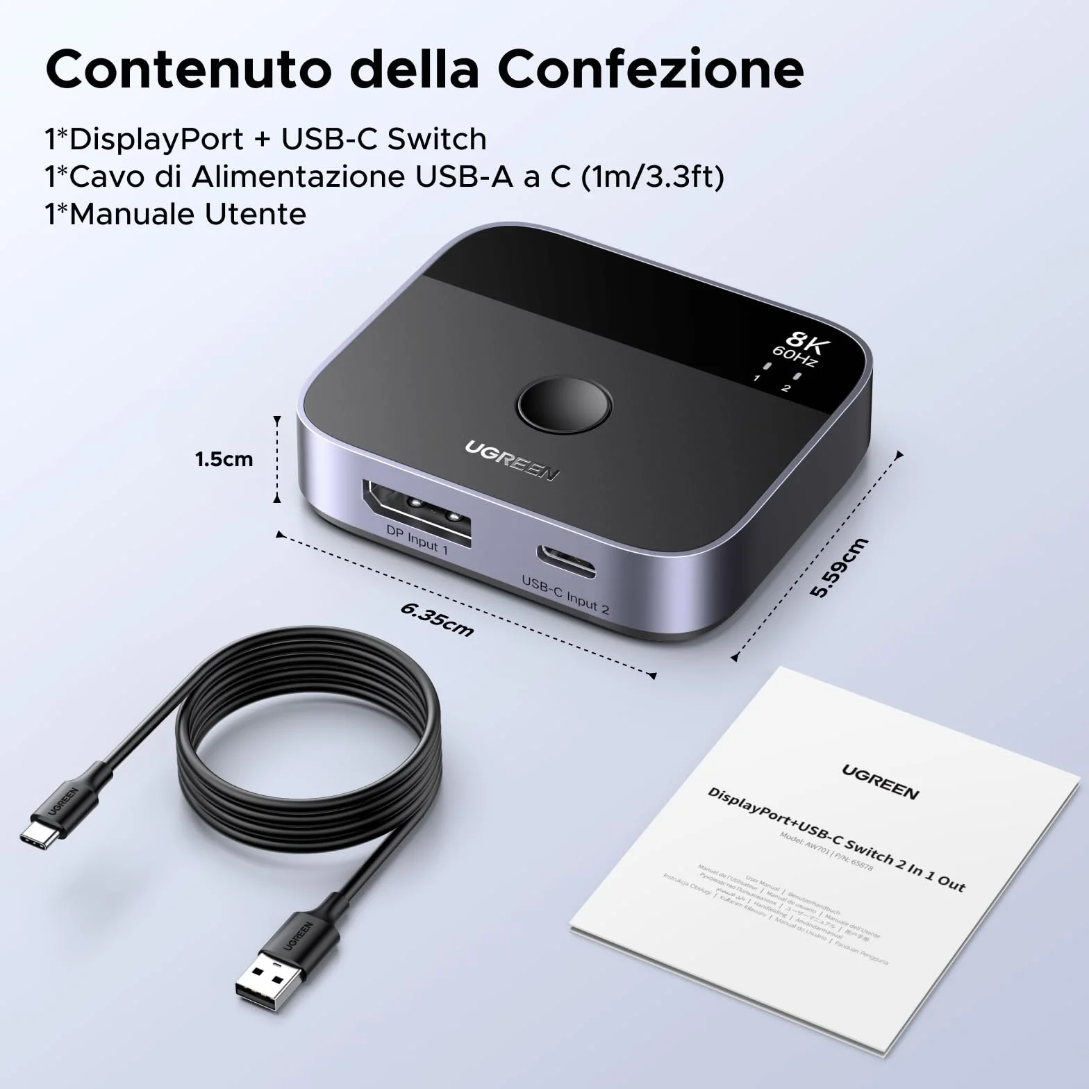 UGREEN Switch DisplayPort USB C 8K60Hz 2 Ingressi 1 Uscita DP 1.4 Commutatore USB C DisplayPort Supporta 3D HDR10+ HDCP2.3 Alta Risoluzione Compatibile con PC PS5 4 Xbox One X Series Steam Deck