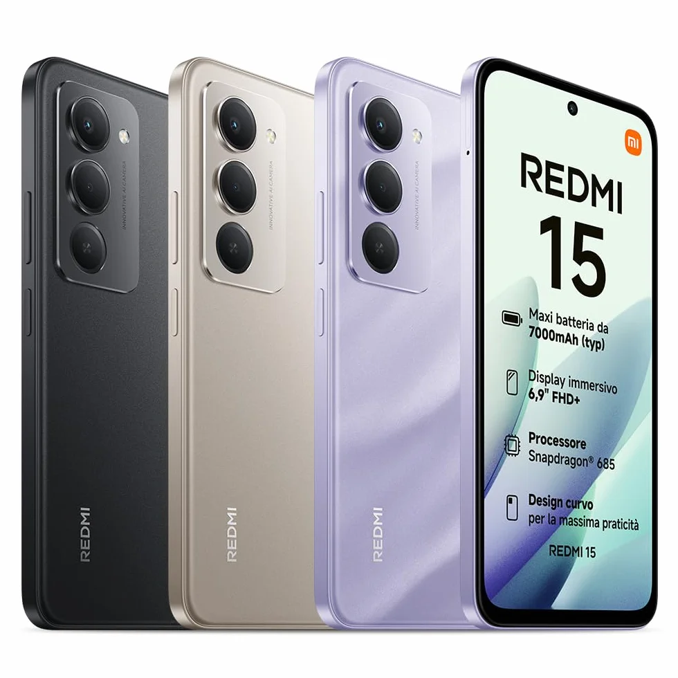 XIAOMI Redmi 15, Smartphone 8+256GB, DotDisplay FHD+ 144Hz da 6,9", Snapdragon 685, doppia fotocamera AI da 50MP, Batteria da 7000mAh, Garanzia di 2 anni, Nero, Caricabatterie non incluso