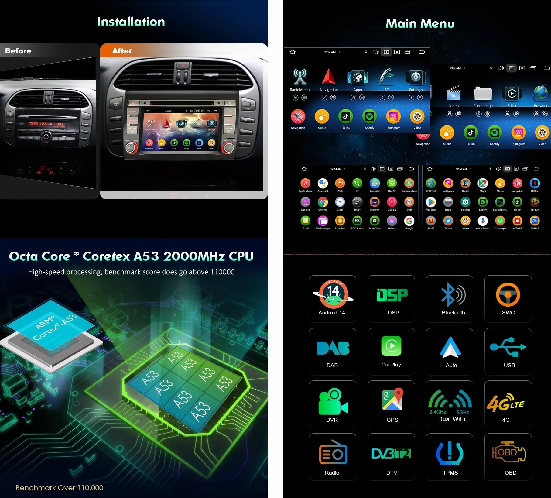 erisin 8-Core 4GB+64GB Android 14 Bluetooth 5.0 Carplay Autoradio per Fiat Bravo Supporto Android Auto GPS DSP WiFi DVD Dab+ FM Radio Navigatore OBD2 RDS