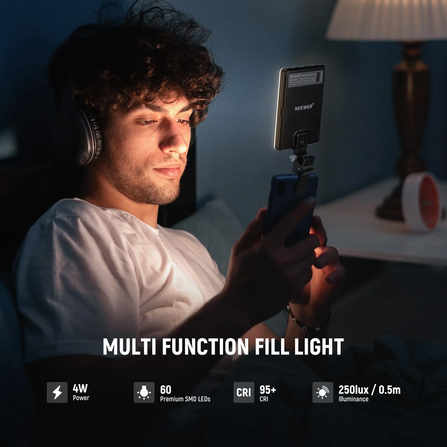 NEEWER LED Luce Selfie con Clips per Telefono, Luce Portatile per Foto Cellulare/Zoom Conferenza da Laptop, 60 LED Alta Potenza 2000mAh Ricaricabile CRI 95+, 3 Modalità di Luce, Luce Video per TikTok