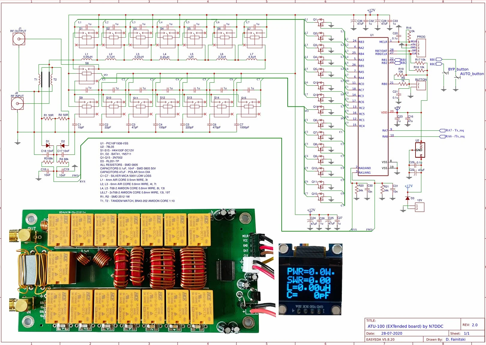 ATU-100 Antenna Tuner DIY Kit 1.8-50 MHz N7DDC Automatic Antenna Tuner 0.96" OLED SMT Soldered Chip 3.2 Firmware Unassembled