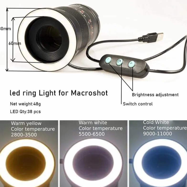 Gua'ge - Luce ad anello per macro a LED, 67 mm, luminosità 7 W, 3 temperature di colore per obiettivo della fotocamera DSLR, con anello adattatore USB