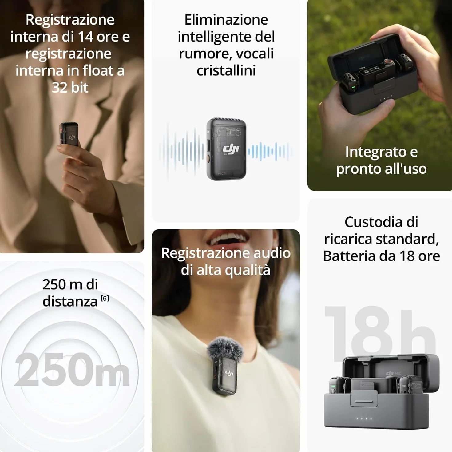 DJI Mic 2 (2 TX + 1 RX + Custodia di ricarica), microfono wireless integrato, eliminazione intelligente del rumore, registrazione interna in float a 32 bit, 250 m di distanza, per iPhone e Android