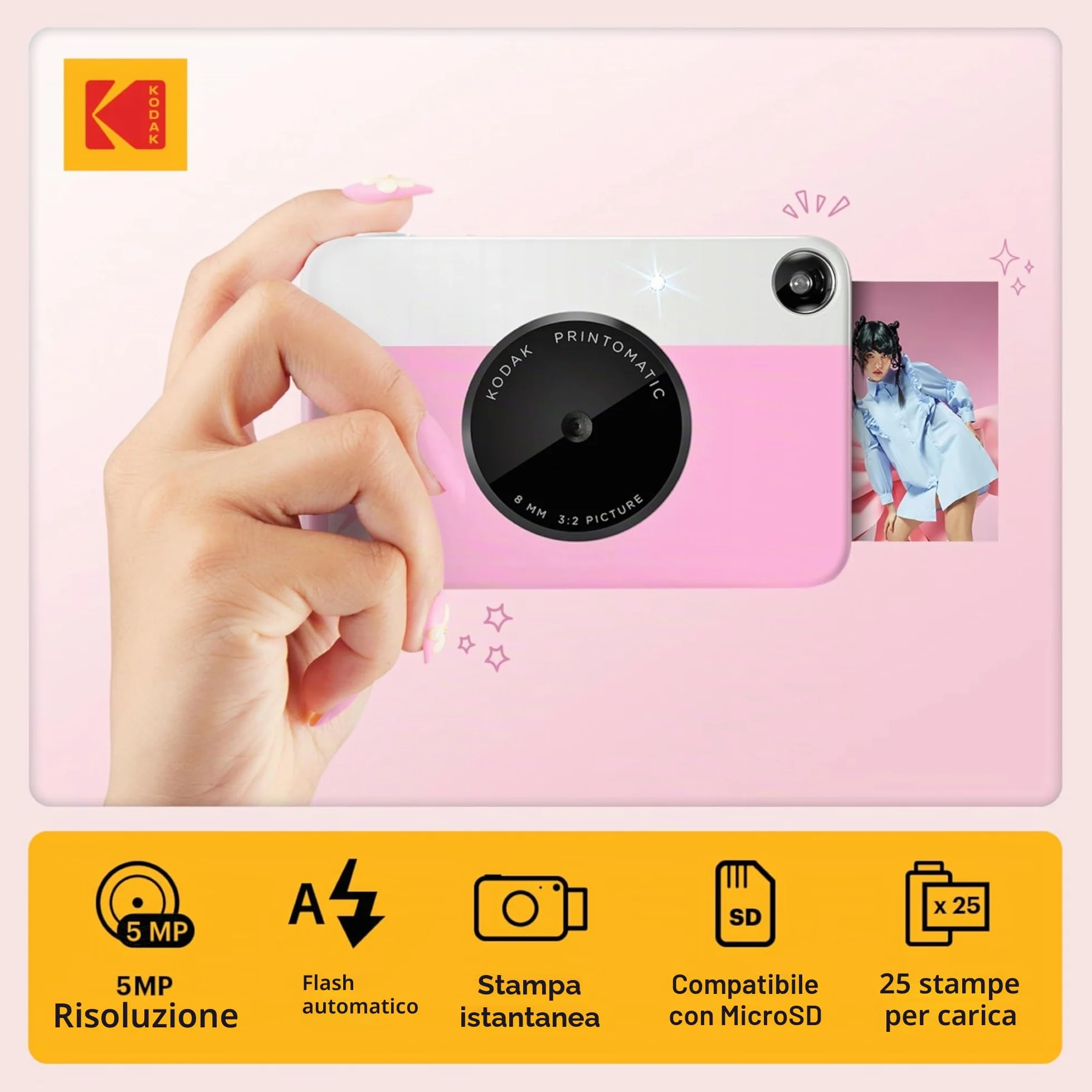 KODAK Printomatic Pacchetto iniziale per macchina fotografica a stampa istantanea a colori + Custodia morbida + Carta fotografica Zink 20pk - Foto colorate su carta adesiva 2x3" - Rosa