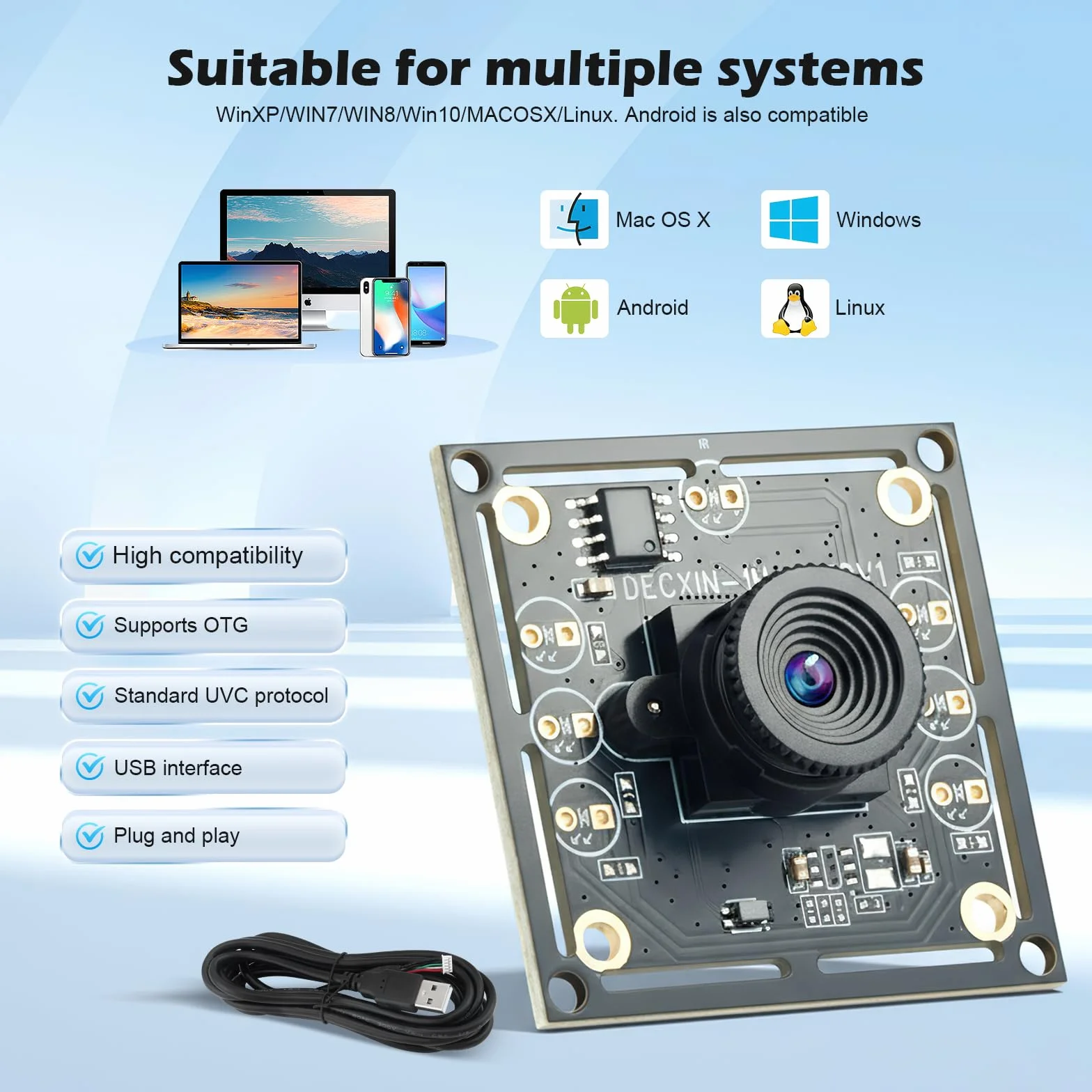 OV9732 - Modulo per fotocamera, USB, grandangolo 100°, 1280 x 720 30 FPS HD, compatibile con sistema per auto, cavo da 2 m, sensore di immagine trasparente per un tracciamento preciso del