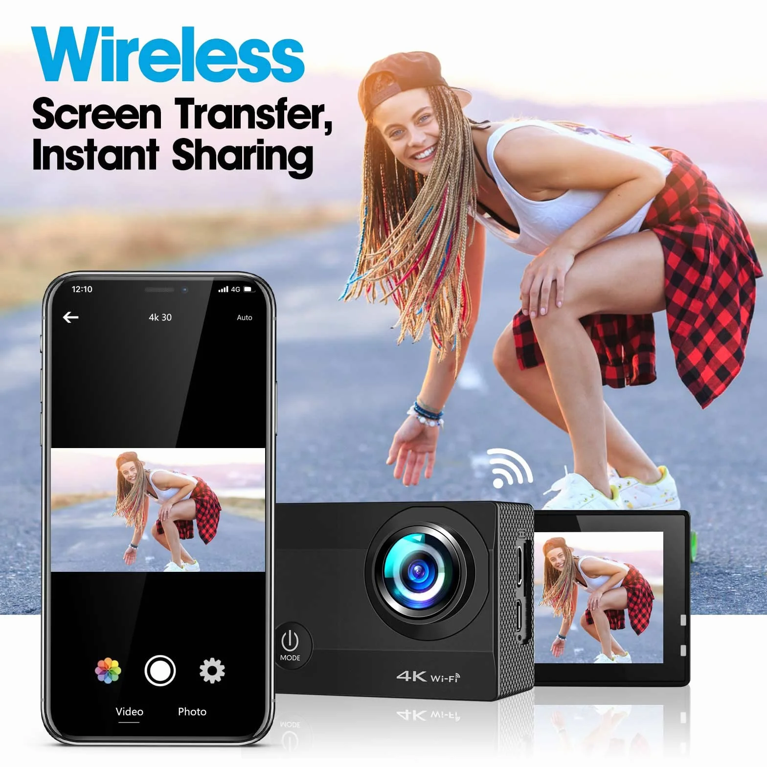 Action Cam 4K, videocamera subacquea da 20MP 50FPS Wi-Fi 40M con schermo touch screen IPS da 2", grandangolo Ultra HD 170°, telecomando, 2 batterie ricaricabili