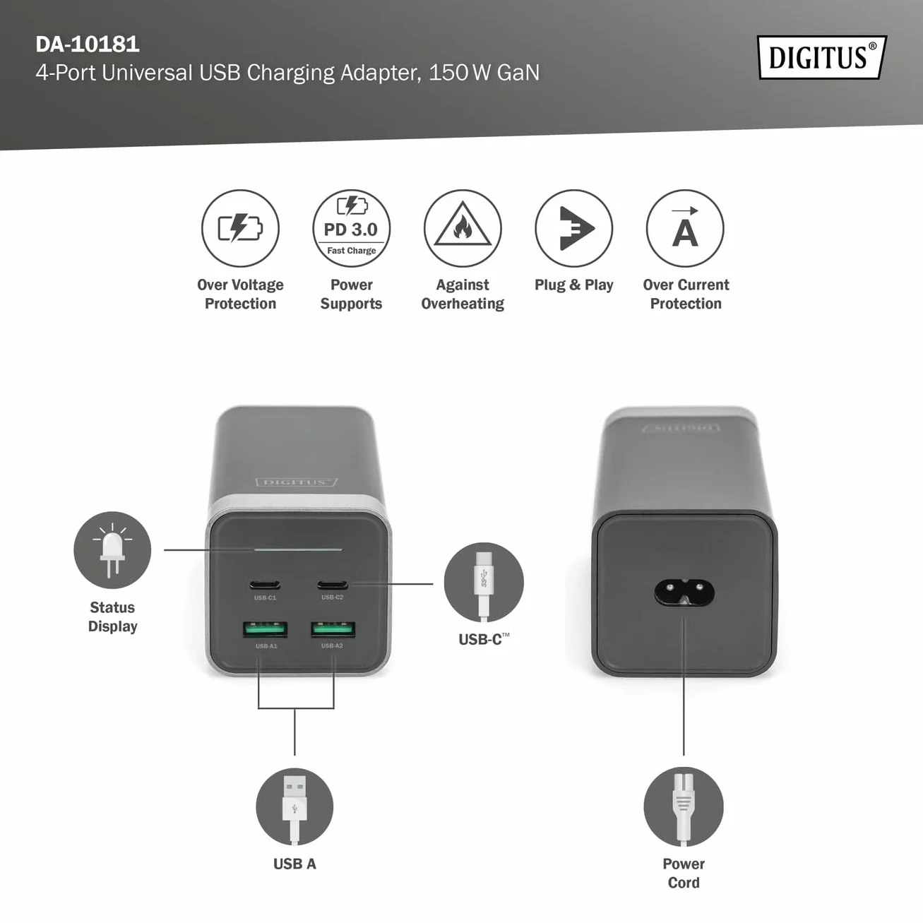 DIGITUS Caricabatterie universale GaN 150 W - 2 porte USB-C - 2 porte USB-A - Caricabatterie veloce Power Delivery 3.0 (PD 3.0) - Per iPhone, iPad, Samsung Galaxy, Pixel, Xiaomi, Motorola, Huawei