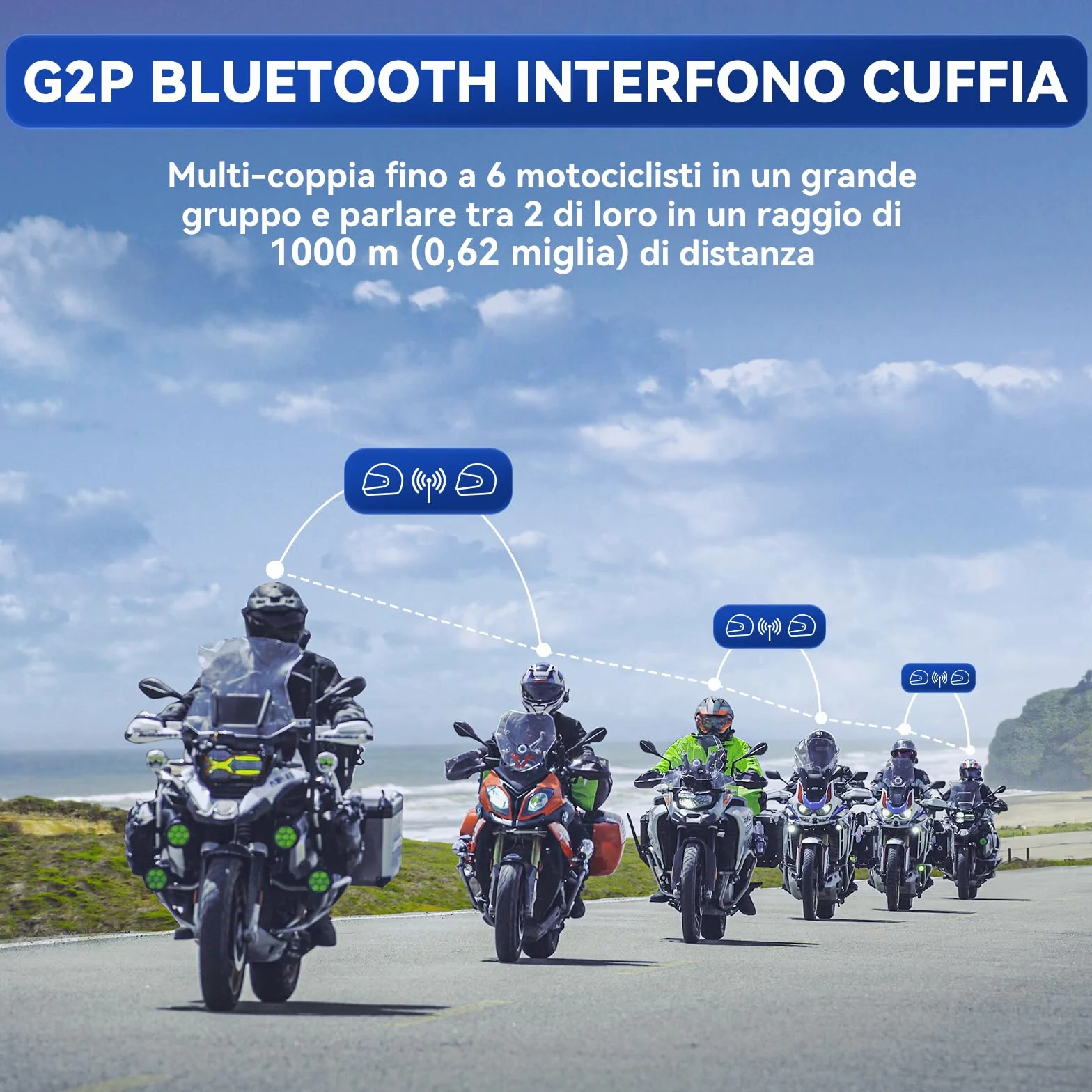 LEXIN G2P Interfono Moto Bluetooth Coppia 1000m 6 Rider Audio HD Radio FM Bluetooth 5.0 Impermeabile IP67 Universale