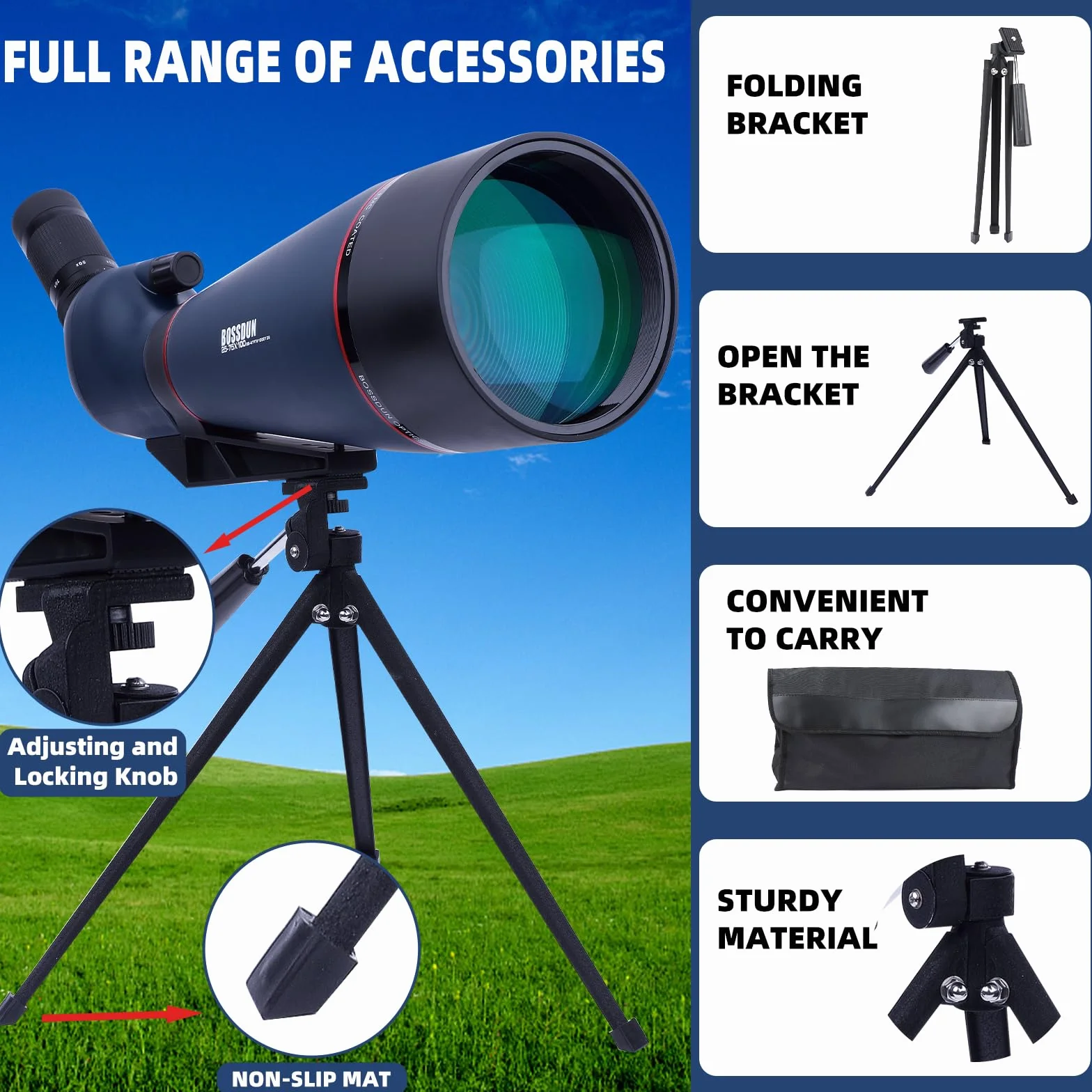Cannocchiale 25-75x100 con Treppiede, Adattatore per Telefono e Borsa per il Trasporto, BAK4 Cannocchiale Professionale per Caccia, Tiro a Segno, Birdwatchingr il trasporto, per il tiro al bersaglio