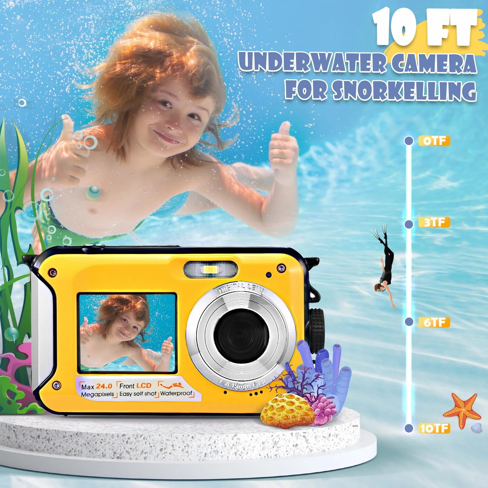 Fotocamera Digitale Impermeabile,Couleeur Macchina Fotografica Subacquea Full HD 2.7K 48MP Doppio Schermo Anti-Shake con Microfono LED Autoscatto e Zoom Digitale 16X per Bambini Adolescenti(Giallo)