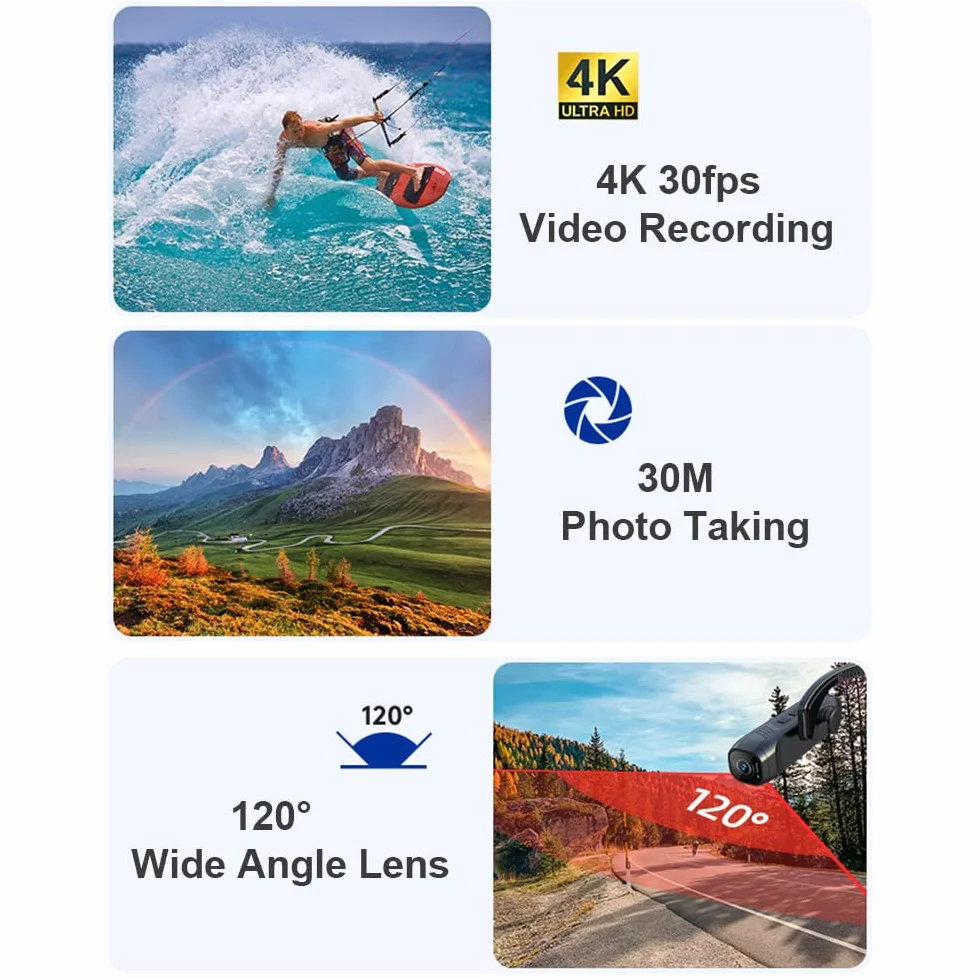 telecamera montata sulla testa HUIOP 4K 30FPS Fotocamera montata sulla testa Videocamera WiFi indossabile Videocamera Webcam 120 ° Obiettivo grandangolare Anti-shake Batteria integrata Controllo APP p