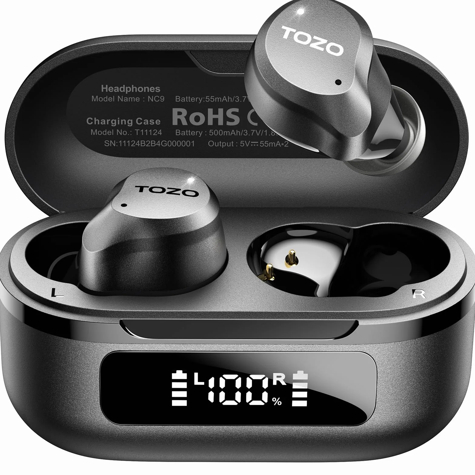 TOZO NC9 Cuffie Bluetooth 5.3 con ANC Ibrido, 6 Mics ENC, Suono OrigX 2.0, 60 Ore di Autonomia, Modalità Trasparente, IPX8, Ricarica USB-C, Comode e Facili da Usare per Lavoro, Gioco e Commuting Nero