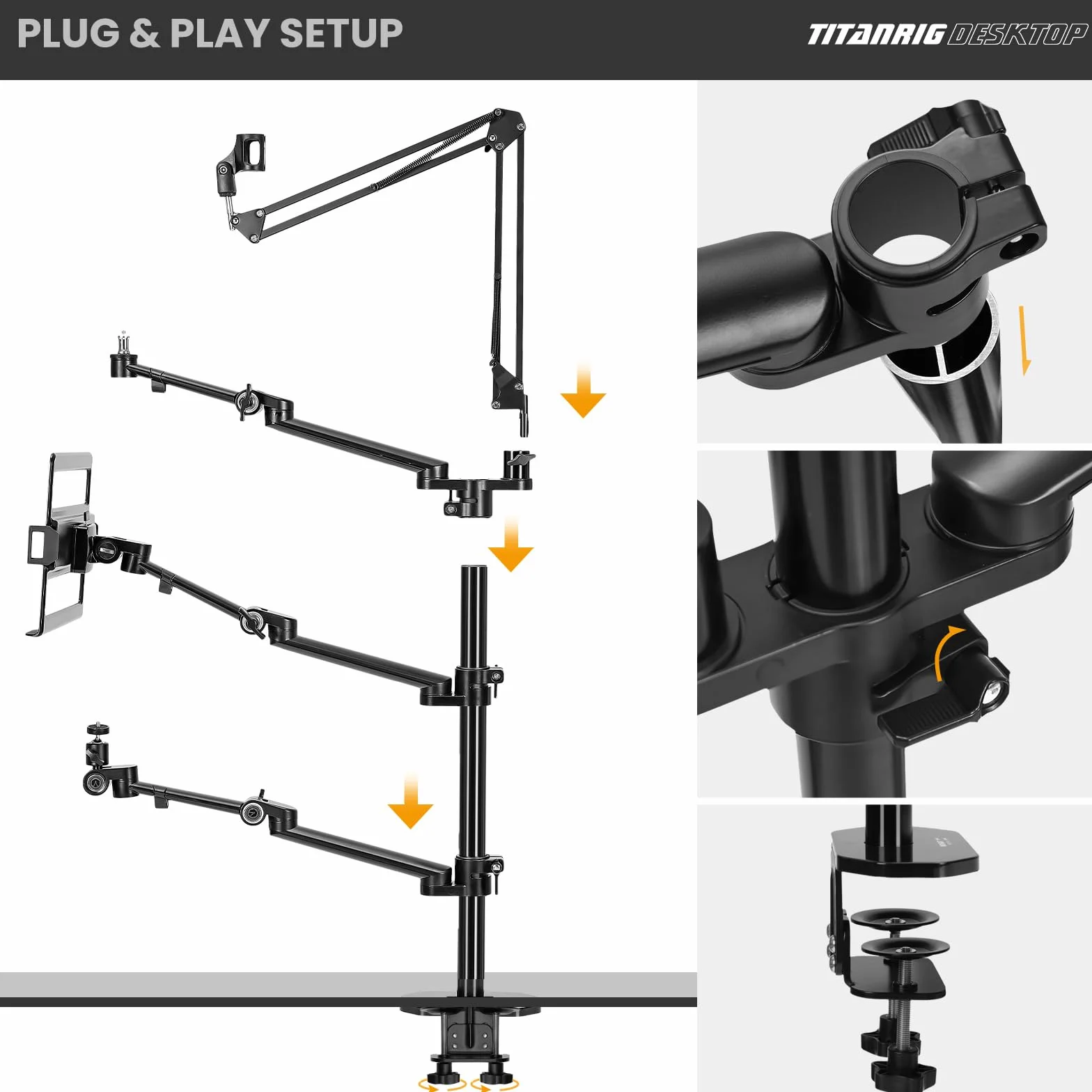 TARION Supporto Fotocamera da Tavolo con Braccio: Supporto DSLR Morsetto Flessibile da Tavolo con Bracci Snodato per Anello Luminoso Microfono Fotografia Video Streaming Titanrig Desktop