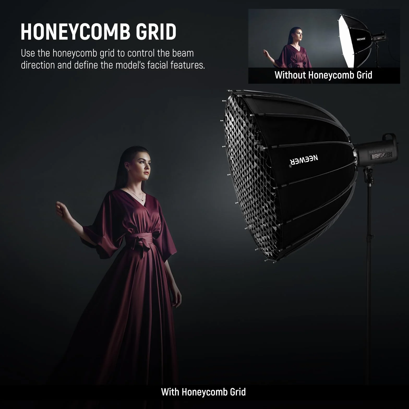 NEEWER 90cm Softbox Parabolico, Attacco Bowens,Rilascio Rapido con Diffusori/Griglia/Borsa per Luci Video Continue F300C AS600B Q4Pro Q6 Compatibile con Godox Compatibile con Aputure 600d,NS90P