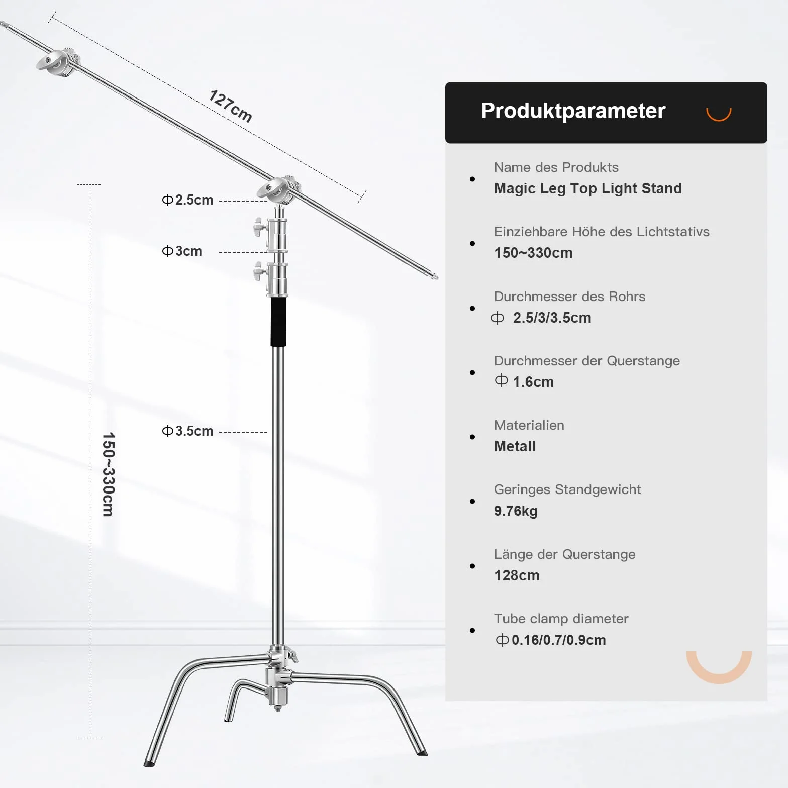 SOONPHO 2-Pack C Stand 100% Acciaio Inossidabile Heavy Duty Supporto a C Fotografia Light Stand C-Stand con 130cm braccio di supporto Kit,testa Grip,clip per Godox AD200 Pro SK400 Aputure(Argento)
