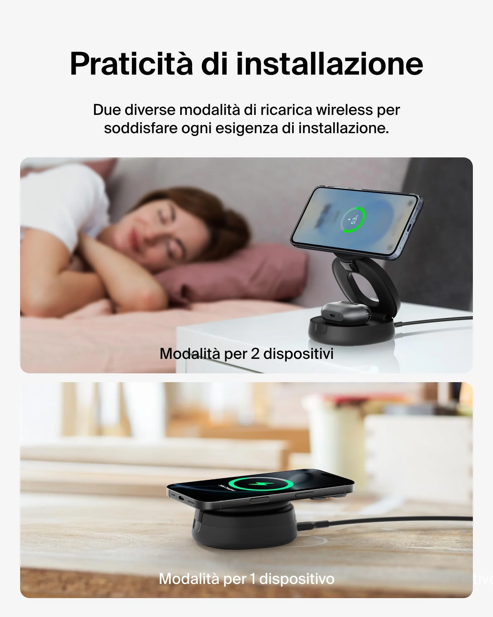 Belkin 2 in 1 Caricatore Wireless, Stazione di Ricarica Wireless 15 W, Caricatore Qi2 con MagSafe per iPhone 16 e AirPods, base piena antiscivolo, alimentatore da 30W - Nero