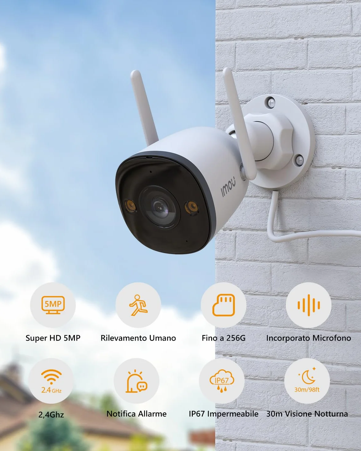 Imou Telecamera WiFi Esterno, 5MP Videocamera Sorveglianza da Esterno Telecamera di Sicurezza con Rilevamento Umano, IP67, Visione Notturna 30m, Compatibile con Alexa, 2,4g, Bullet 2C 5MP