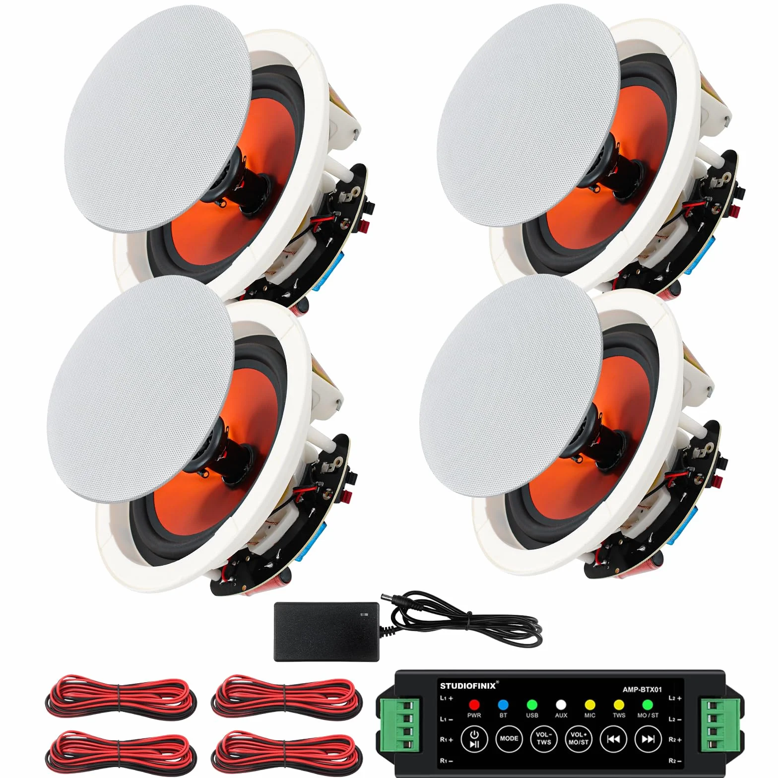 STUDIOFINIX 6,5-calowy głośnik sufitowy Bluetooth 600W - System nagłośnienia wewnętrznego do domu (4 szt.)