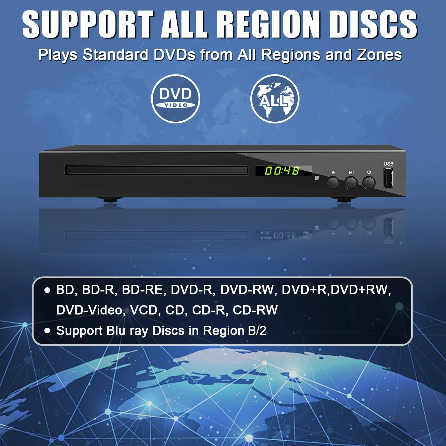 Lettore DVD Blu-ray per TV, Lettore Blu-Ray HD Compatibile con Dischi Blu-Ray Regione 2, Lettore DVD 1080P per Tutte le Regioni per TV Intelligente, con Ingresso USB/Uscita Coassiale AV HDMI