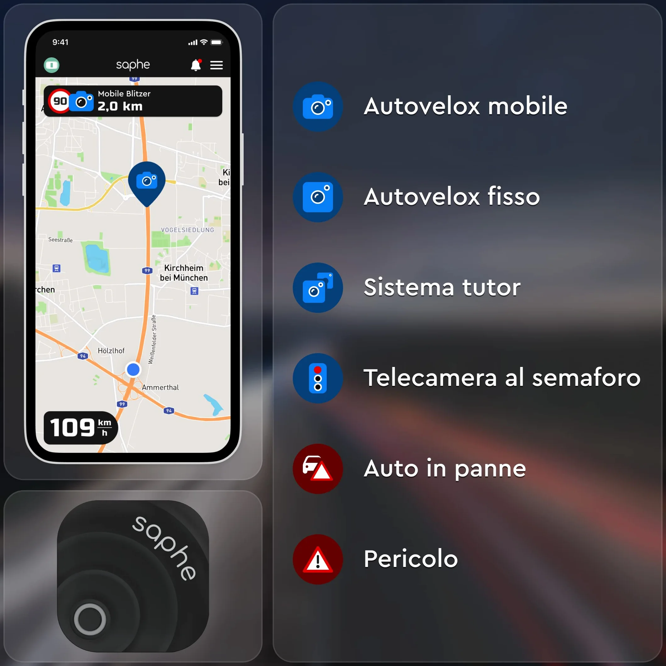 Saphe MC |Dispositivo per le allerte autovelox |Allerte in tempo reale |Segnalatore Autovelox Fissi, Mobili e Tutor |si avvia automaticamente via app| Elettronica per moto