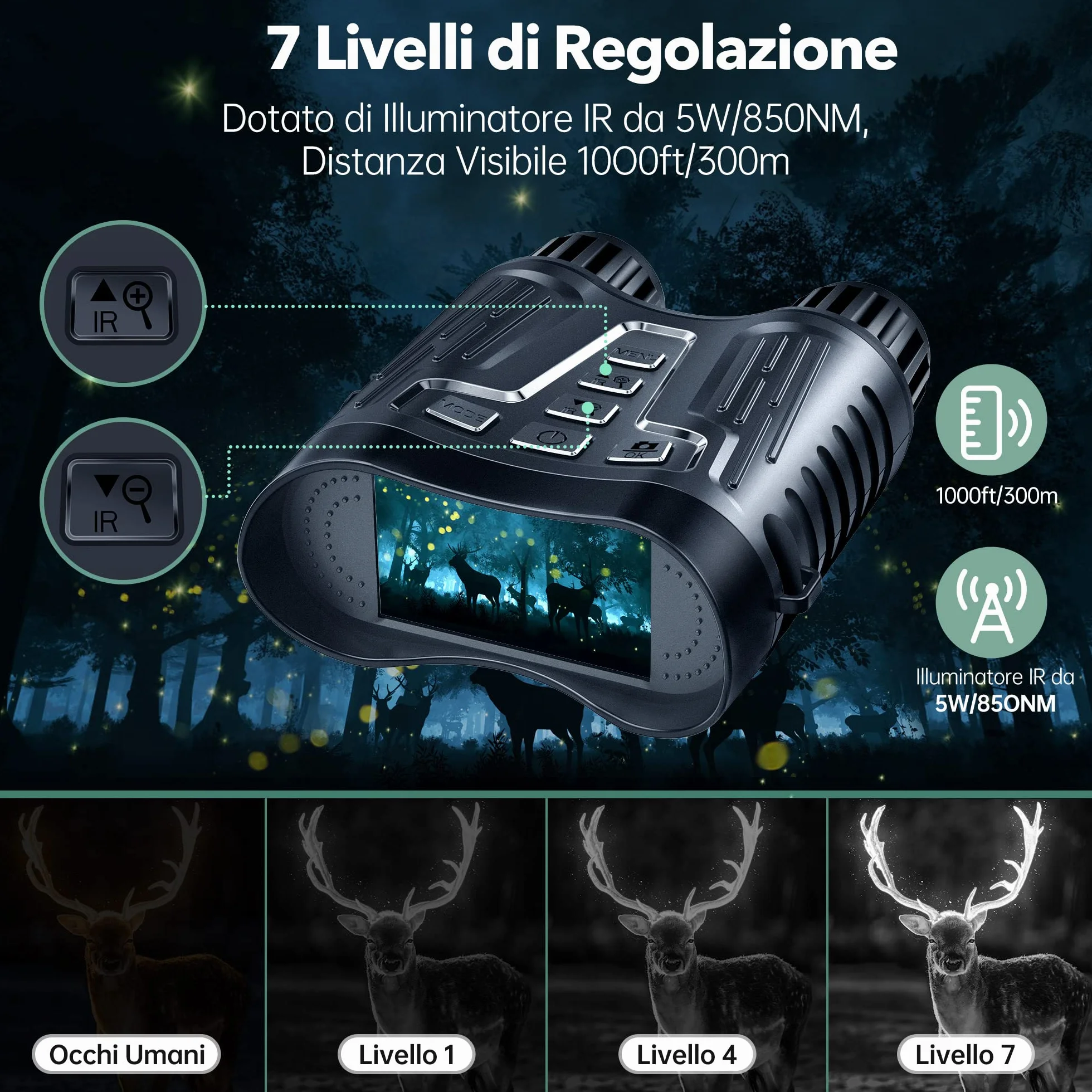 Letcmoi Binocolo Visione Notturna - 7L Infrarossi Visibili 300M al 100% di Oscurità con Zoom Digitale 8X, Ricaricabile da 2600 mAh, con Scheda TF 32GB, per la Caccia, per Adulti