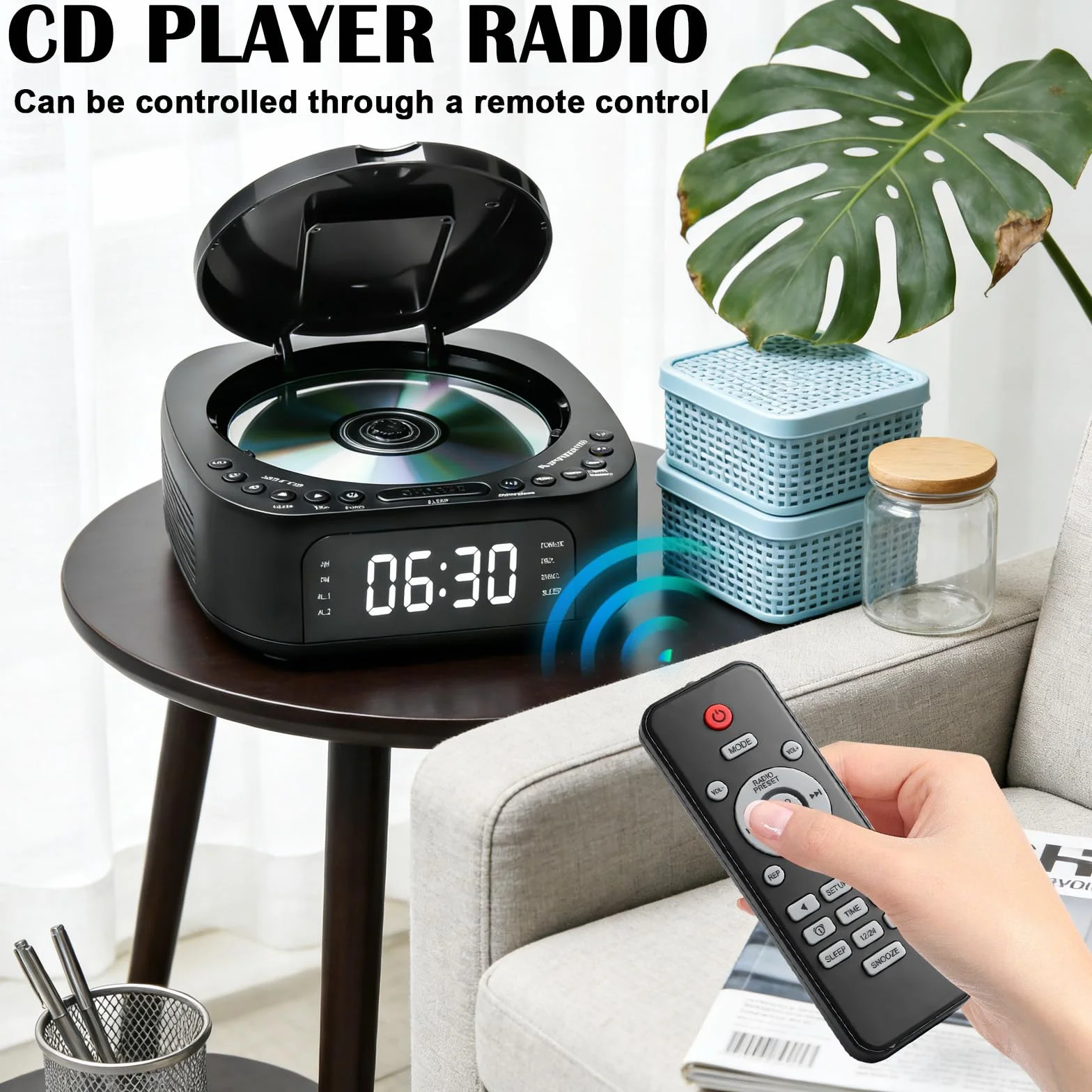 Lettore CD portatile con Bluetooth, radio FM, lettore CD MP3 con doppio altoparlante stereo, sveglia, SleepTimer, lettore CD ricaricabile, supporta USB/AUX, display grande, telecomando, nero