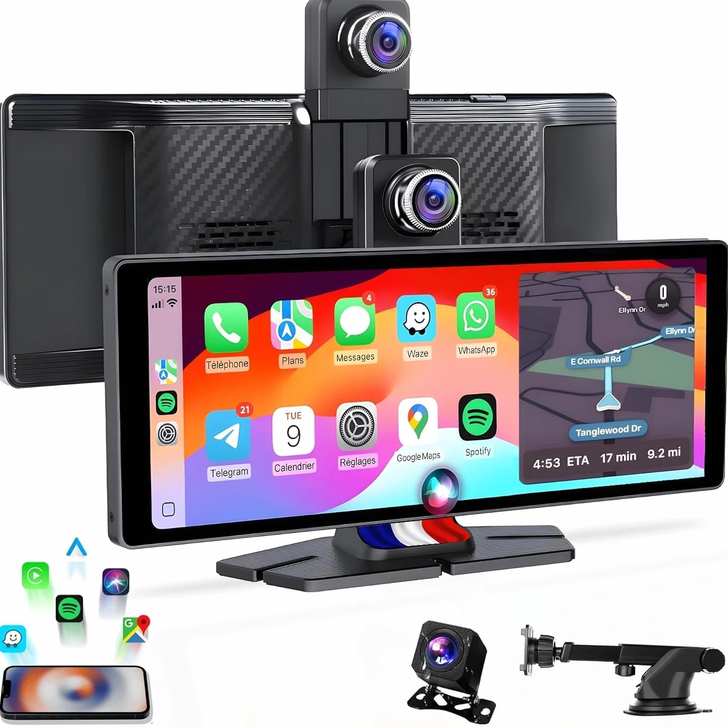 Schermo CarPlay per auto e Android senza fili da 10,26 pollici, IPS – Dashcam 4K + telecamera posteriore 1080p – Autoradio Bluetooth FM AUX – Plug & Play USB-C, scheda 64 GB – CarByNevo D4 Pro