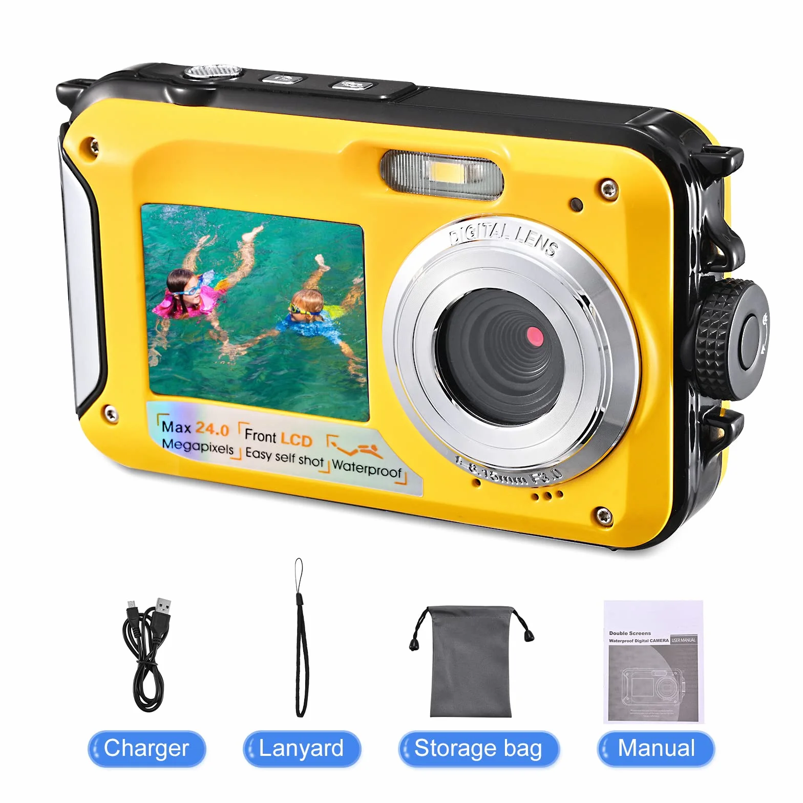 Aomdom Macchina Fotografica Subacquea, Full HD 2.7K 24MP Fotocamera Subacquea Digitale Zoom Digitale 16X Macchina Fotografica Subacquea Bambini Doppio Schermo giallo