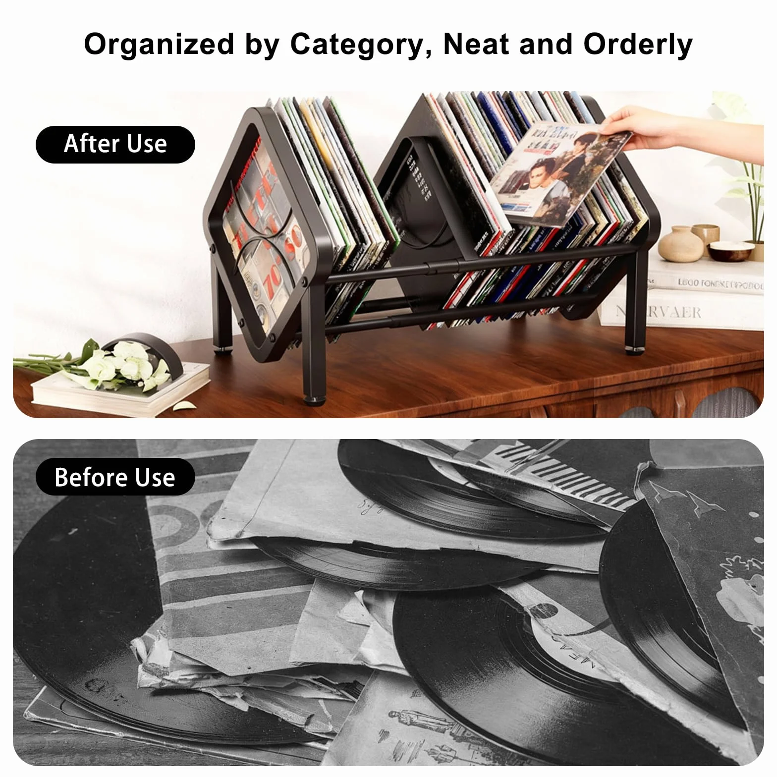 Scaffale regolabile per dischi in vinile, espandibile da 80 a 100 LP, supporto per dischi in vinile, inclinabile, per ufficio, casa, camera da letto, per CD, libri, riviste, documenti