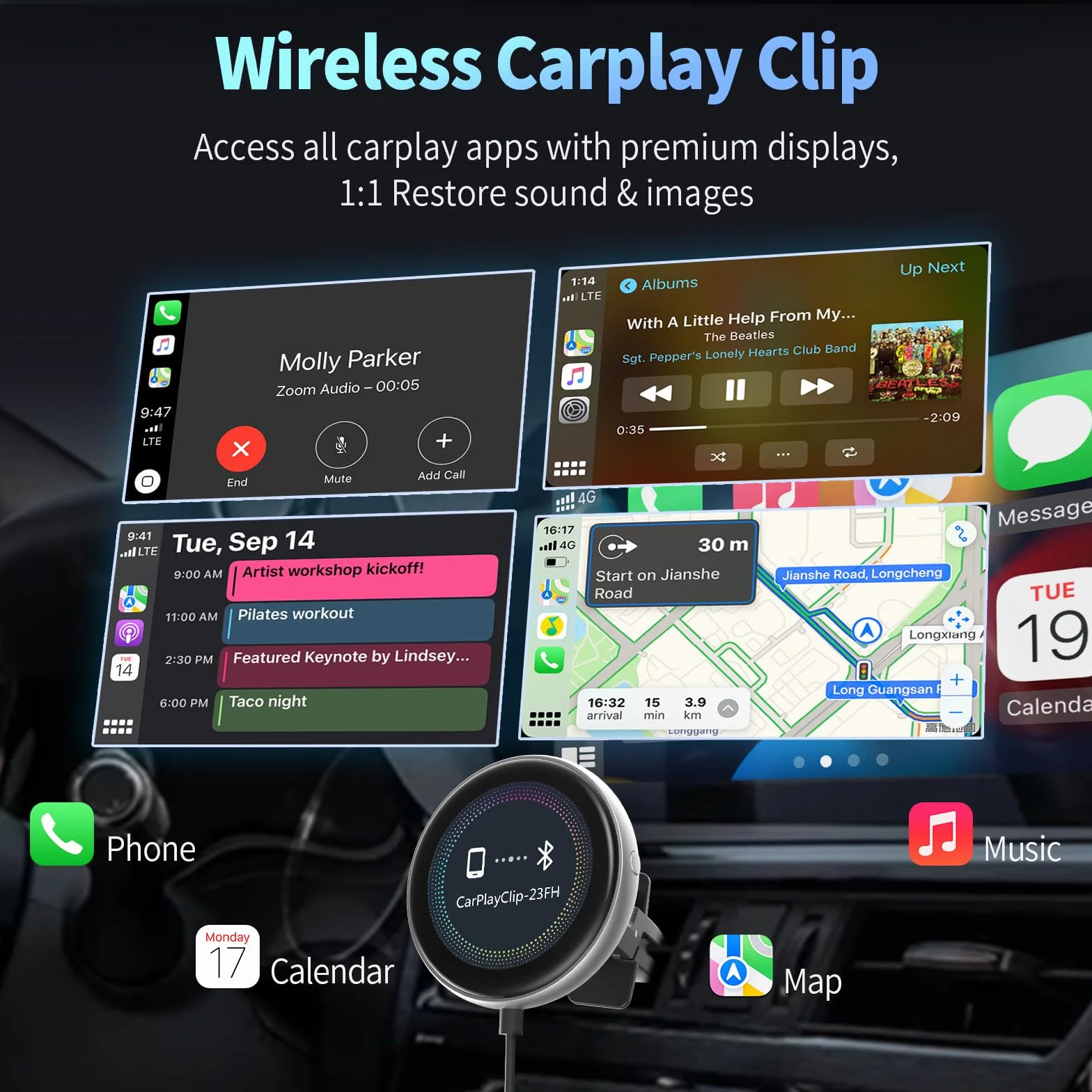 OTTOCAST Adattatore Carplay Wireless Clip, Plug & Play Dongle Wireless CarPlay con Display Elettronico può Mostrare Orologio Immagini Copertina di Album Musicali Compatibile con Auto con Wired CarPlay
