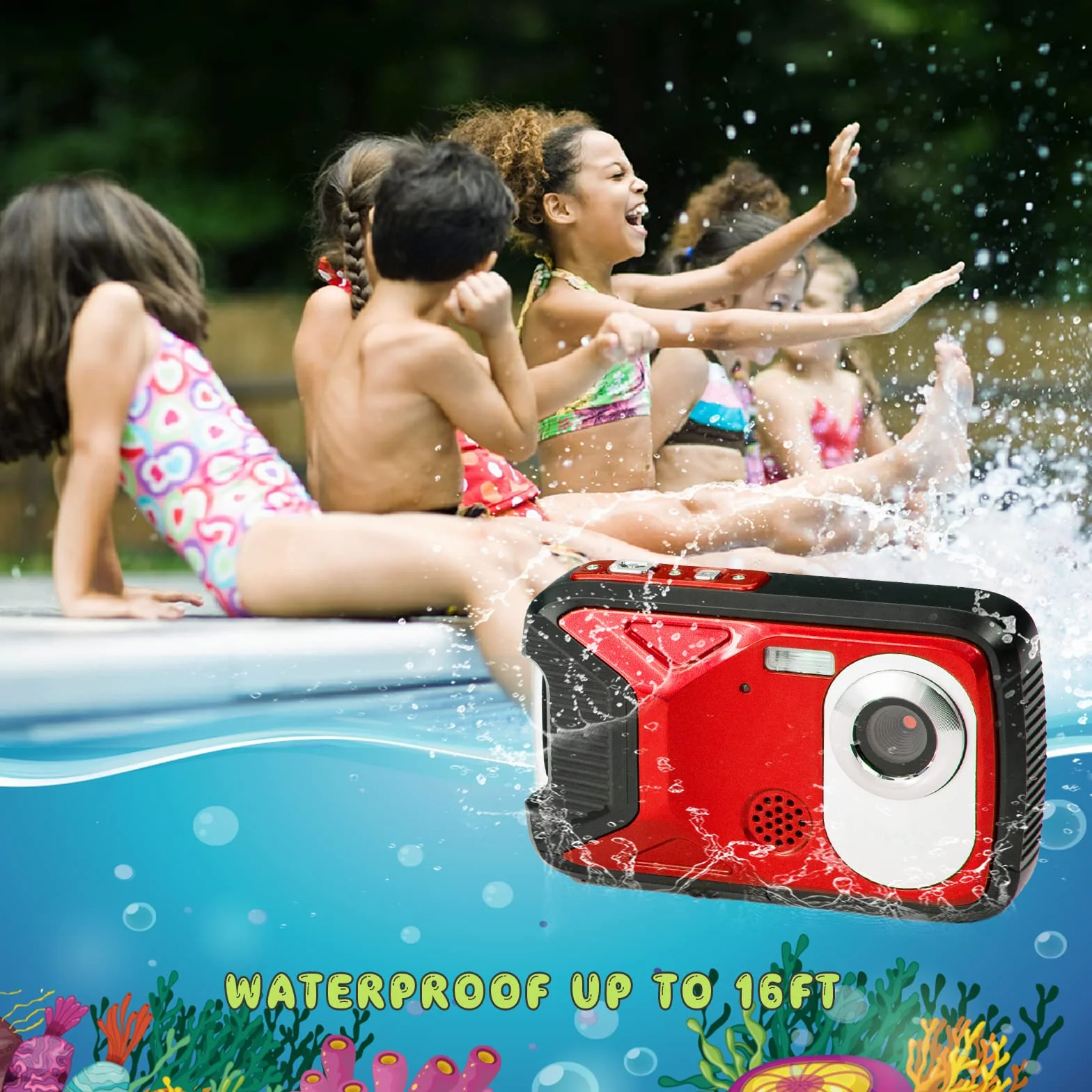 GDC8026 Fotocamera digitale impermeabile/Zoom digitale 8x / 21 MP/FHD 1080P /Schermo LCD TFT da 2,8"/ Telecamera subacquea per bambini/Adolescenti/Studenti/Principianti/Anziani (Rosso)