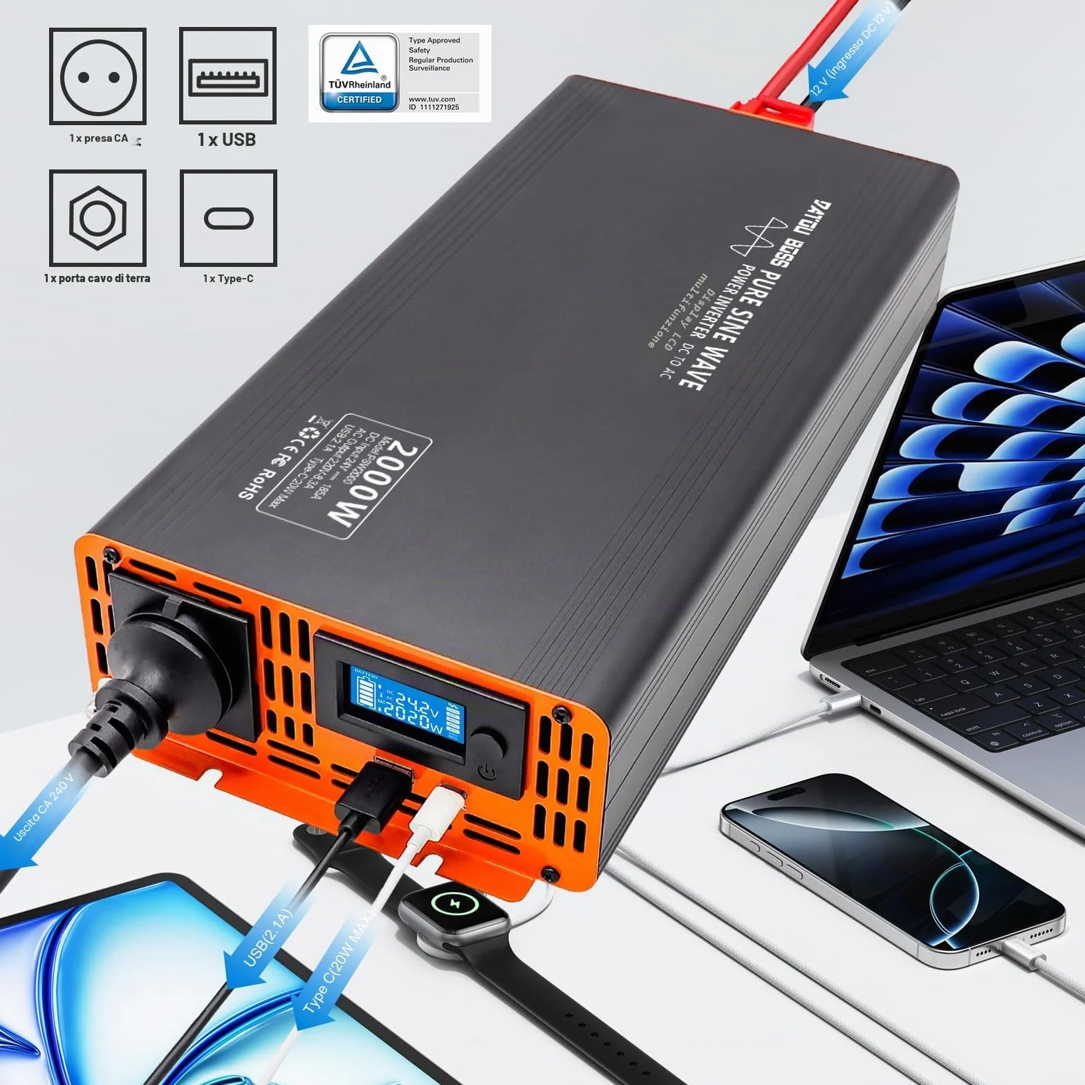 DATOUBOSS Inverter 24v 220v/230v Onda Pura 2000W/4000W, Inverter Onda Pura 2000W, Convertitore 24v 220v 2000w con LCD Display & Type-C e 1 presa AC e 1 Porta USB per Auto,Camion, Camper