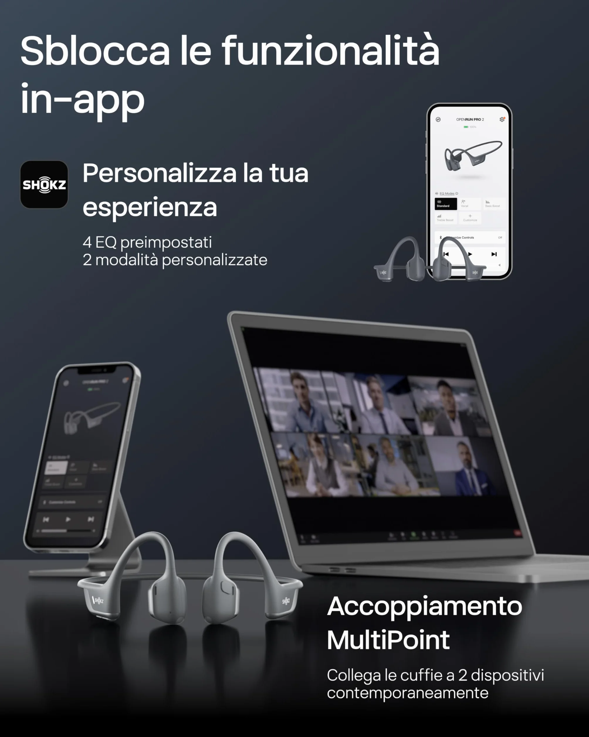 SHOKZ Cuffie Sportive OpenRun Pro 2 a Conduzione Ossea, Wireless Bluetooth 5.3, Microfoni con Cancellazione Rumore, Impermeabili IP55, 12 Ore Riproduzione, Ricarica Rapida USB-C, Nero